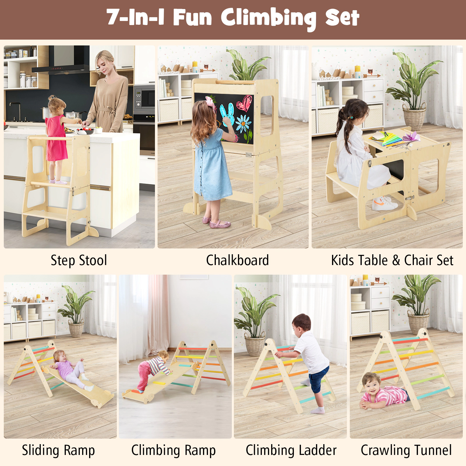 LJG 7-in-1 Toddler Climbing Toy Connected Table and Chair Set for Boys and Girls Aged 3-14 Years Old