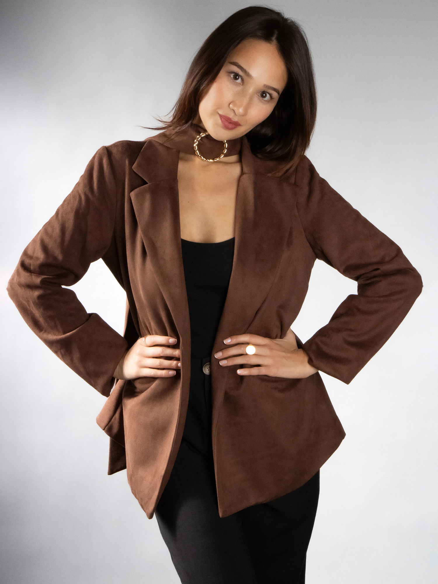 JESS by Meiko Women's Faux Suede Notched Lapel Wrap Belt Blazer