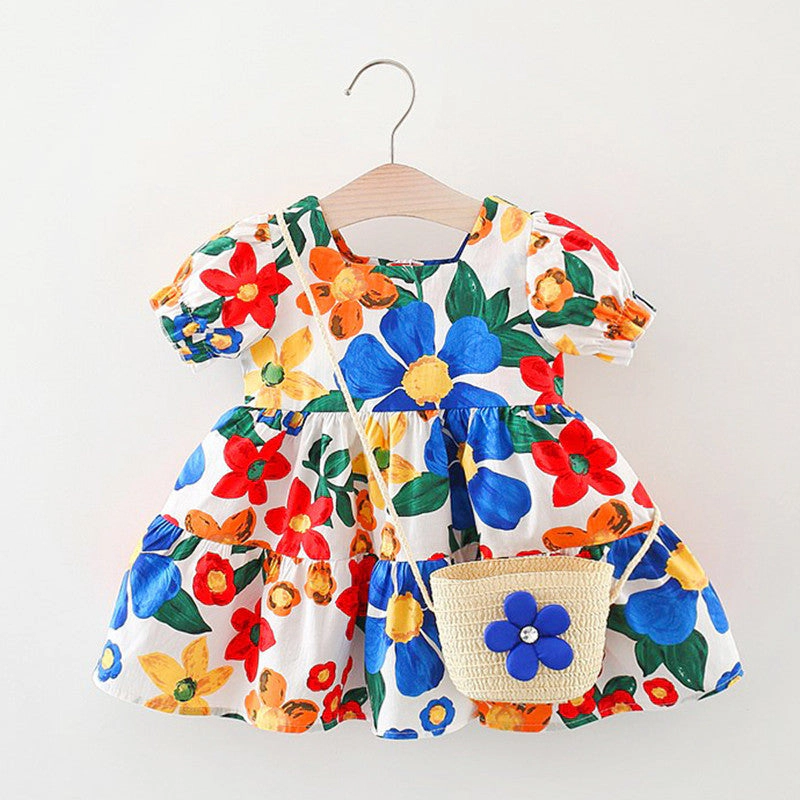 MyKids-USA Baby Floral Pattern Short Sleeve Crewneck Dress with Purse