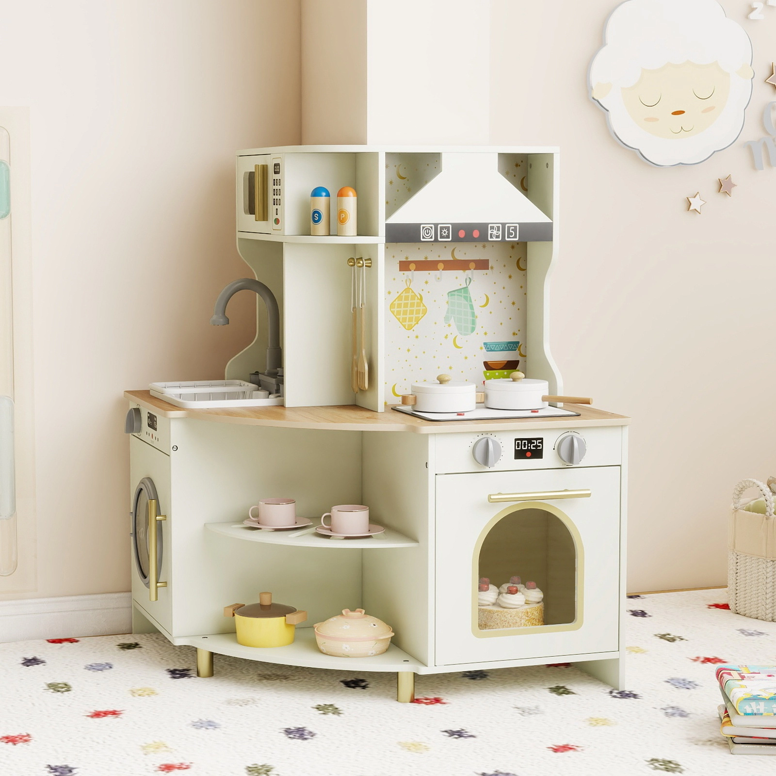 SUGIFT Beige Working Faucet Sink and Washing Machine Kids Wooden Corner Play Kitchen