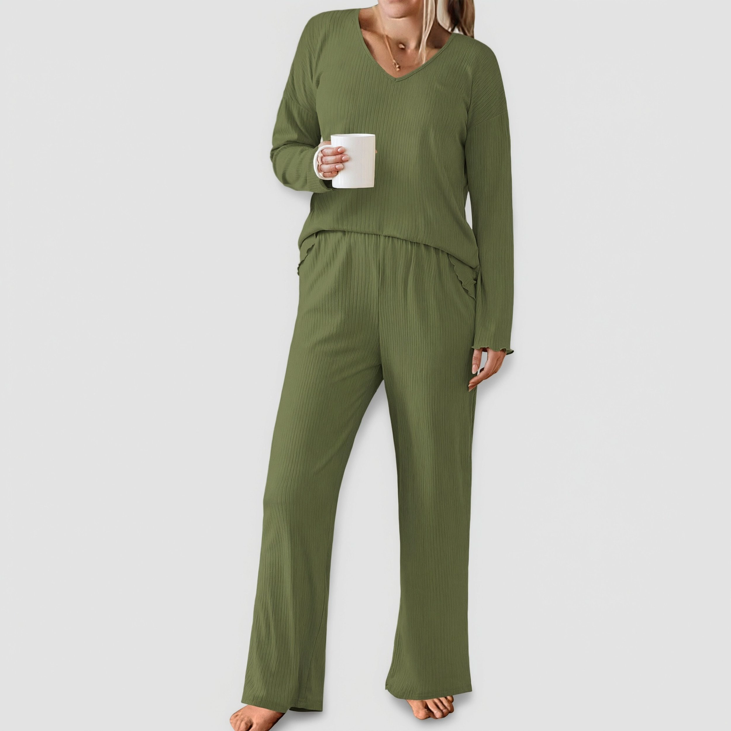Ekouaer Womens Pajama Set Ribbed Knit Pajamas Two Piece Lounge Long Sleeve Top and Pants