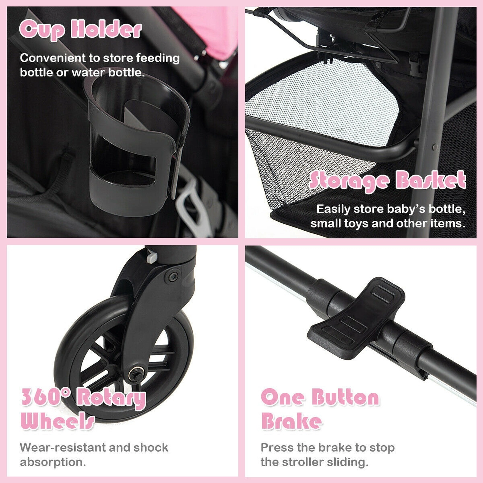 SUGIFT Pink 2-in-1 33-lb Capacity Foldable Baby Stroller Pushchair with Adjustable Handle and Basket