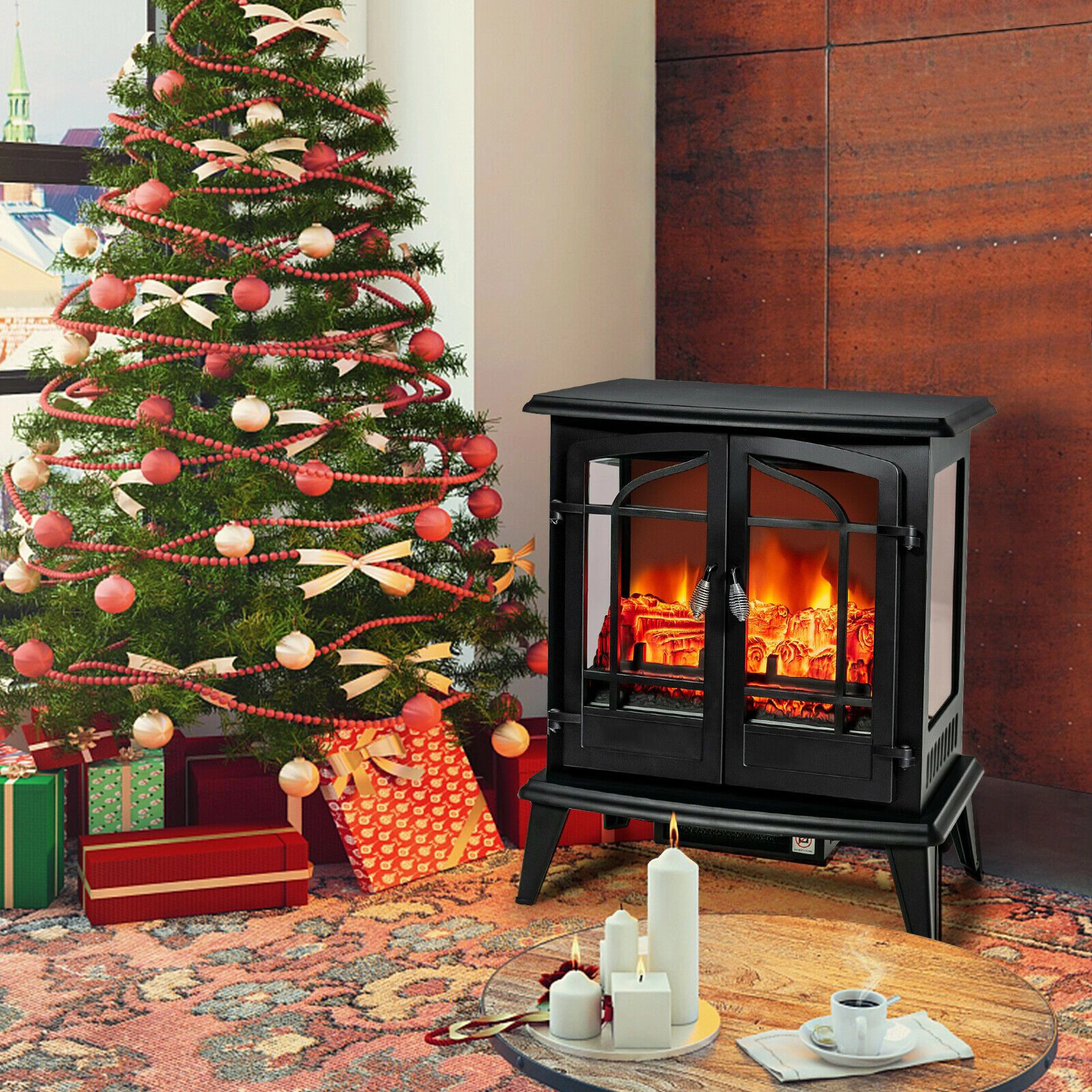 SlickBlue Black Iron Glass Electric Fireplace Heater, 1400W, 4777 BTU, 3-Sided Flame