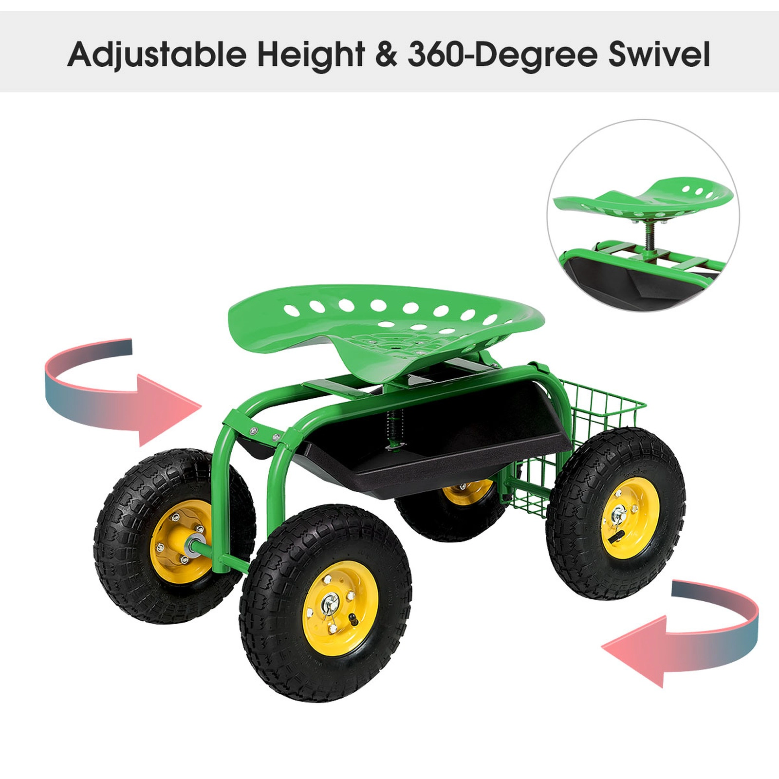 SUGIFT Height-Adjustable Rolling Garden Work Seat Cart with Tool Tray 330-lb Capacity Green