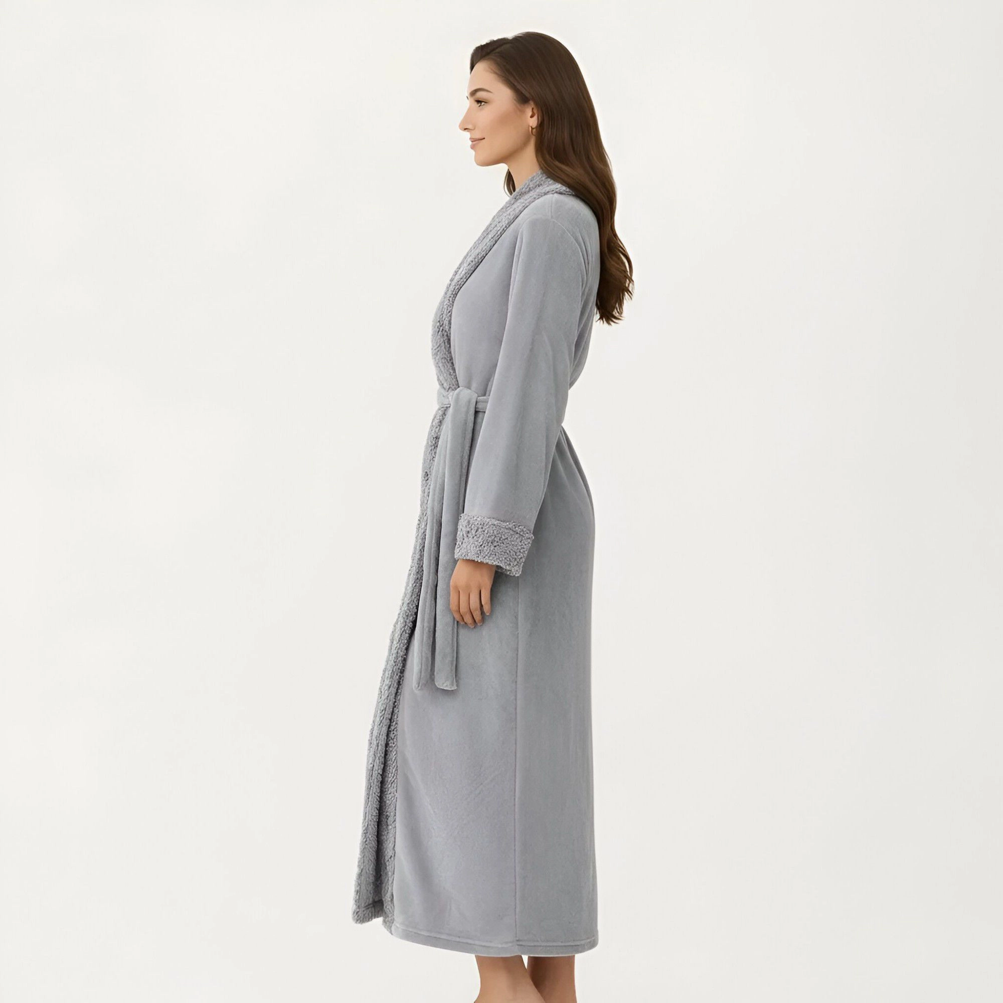 Anna-Kaci Women's Plush Bathrobe with Shawl Collar Self Tie Belt and Faux Shearling Trim