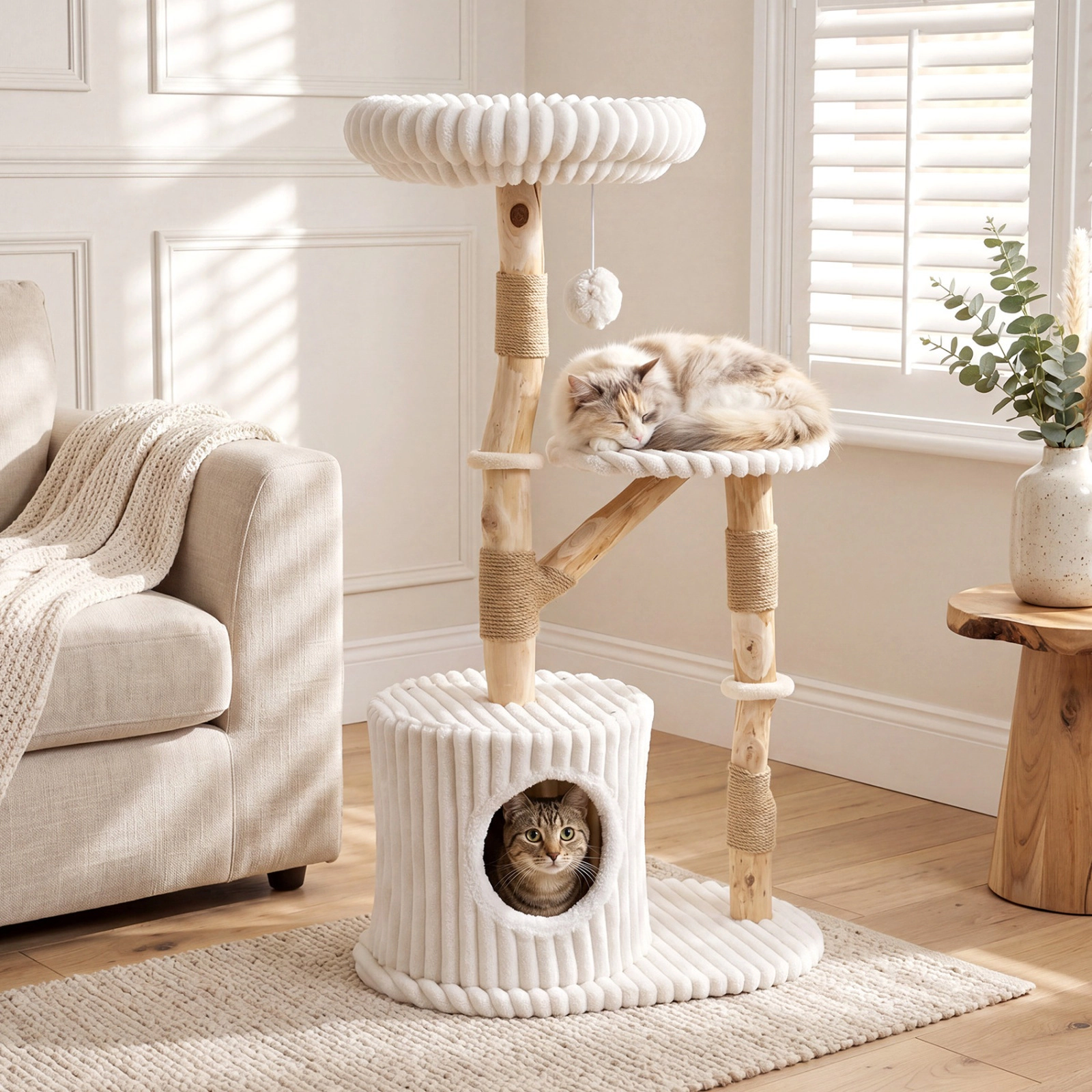 SUGIFT Beige 41 in Solid Wood Cat Tree with Real Branches and Cozy Condo Bed