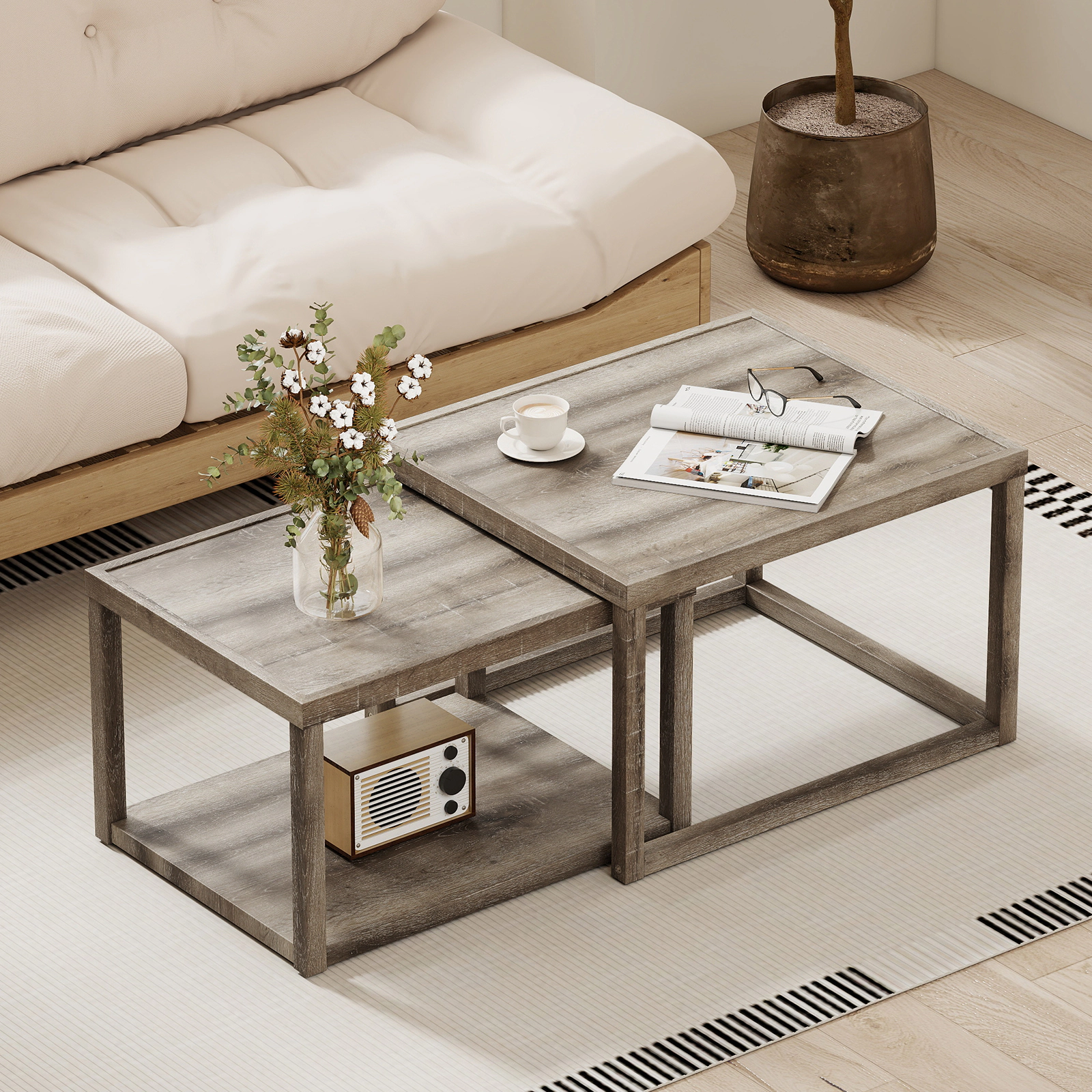 Slickblue Set of 2 Coffee Table Set Rectangular Nesting Tables with Open Shelf Gray Finish