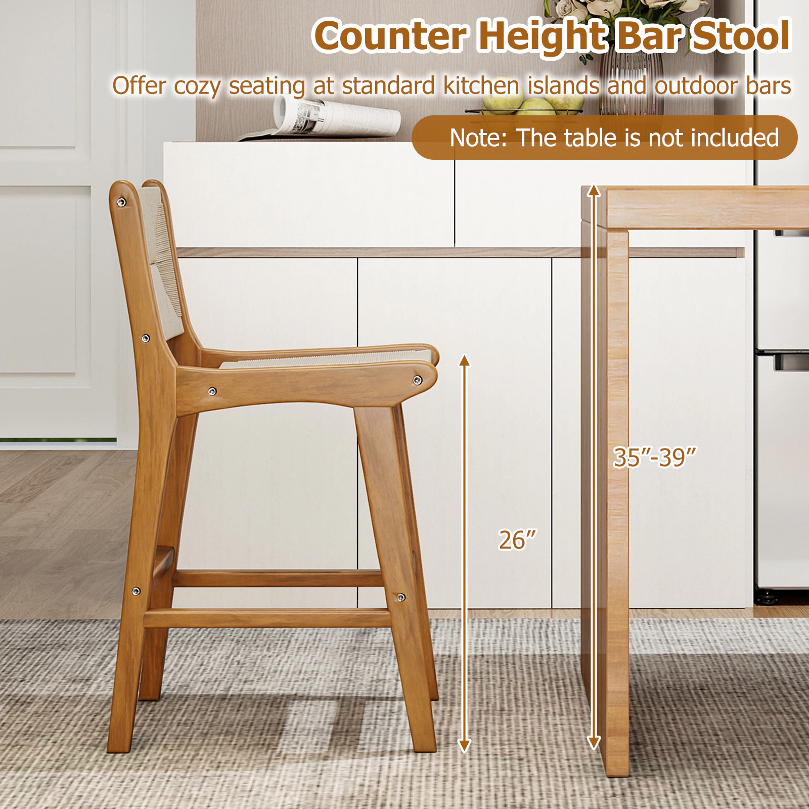 SUGIFT Set of 4 Outdoor Counter Height Bar Stool Bar Set with Woven Paper Rope Seat 400-lb Capacity 26-in Seat Natural