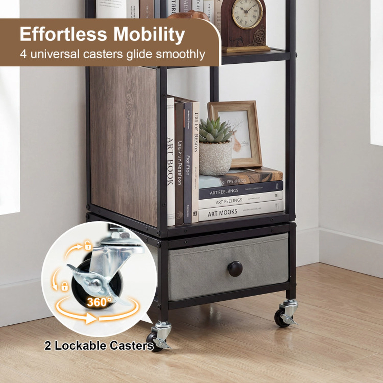 SUGIFT 4-Tier Rotating Bookshelf on Wheels with Removable Drawer 44-lb Shelf Capacity Gray Black White