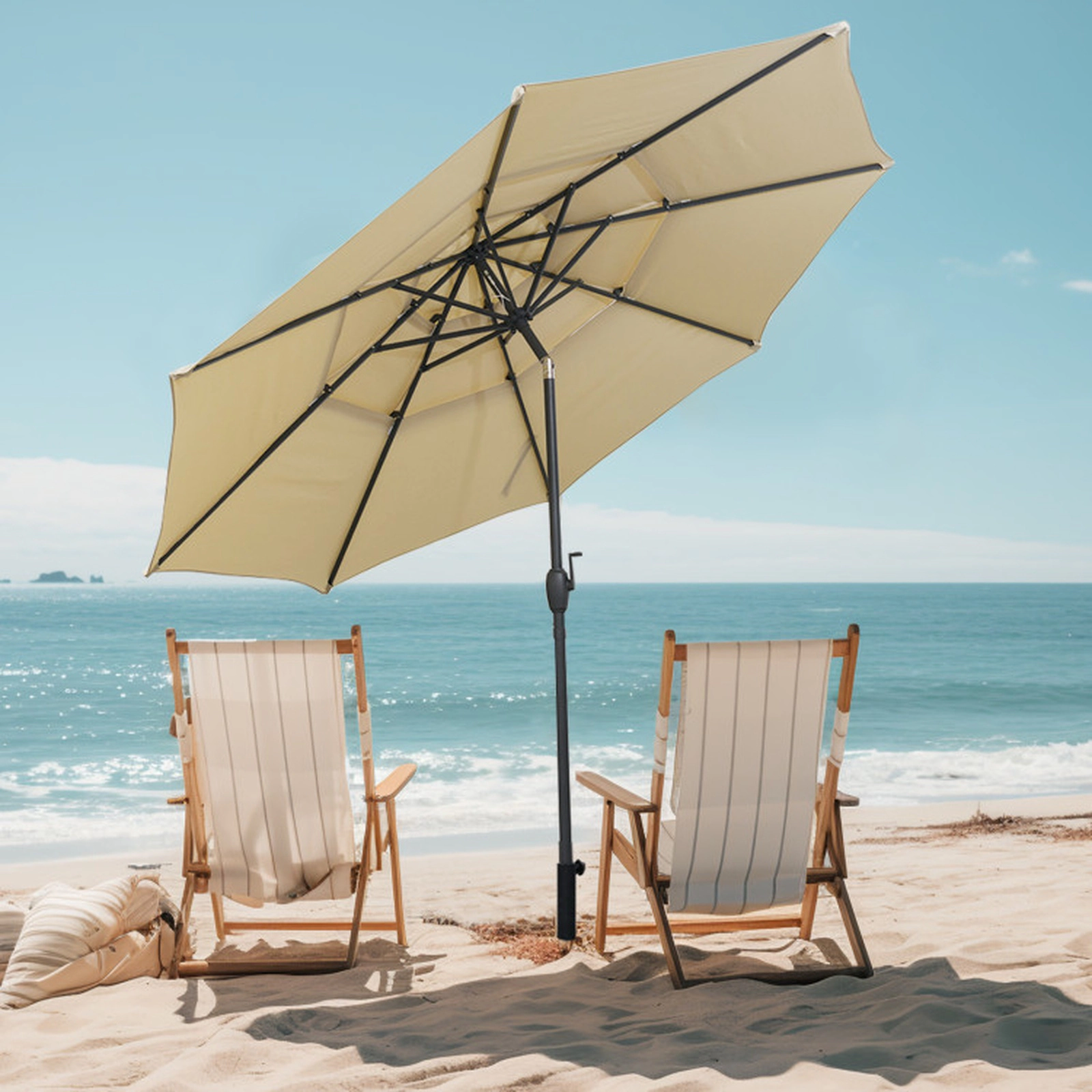 SUGIFT 10 ft Beige 3-Tier Vented Patio Umbrella with Crank Lift, Push-Button Tilt