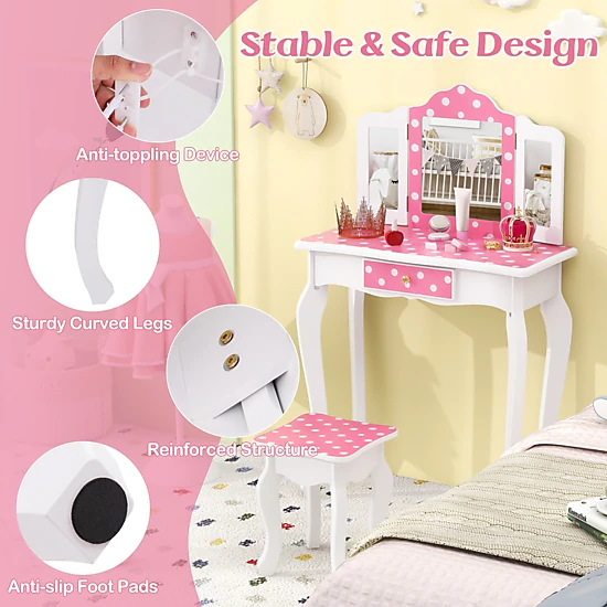 Hivvago Princess Pretend Play Makeup Dressing Table with Cute Polka Dot Print