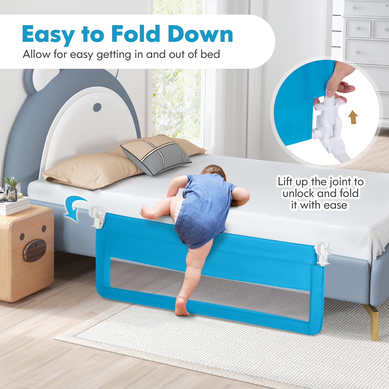 SUGIFT Blue Breathable Safety Strap 59 Inch Folding Baby Bed Rail Guard