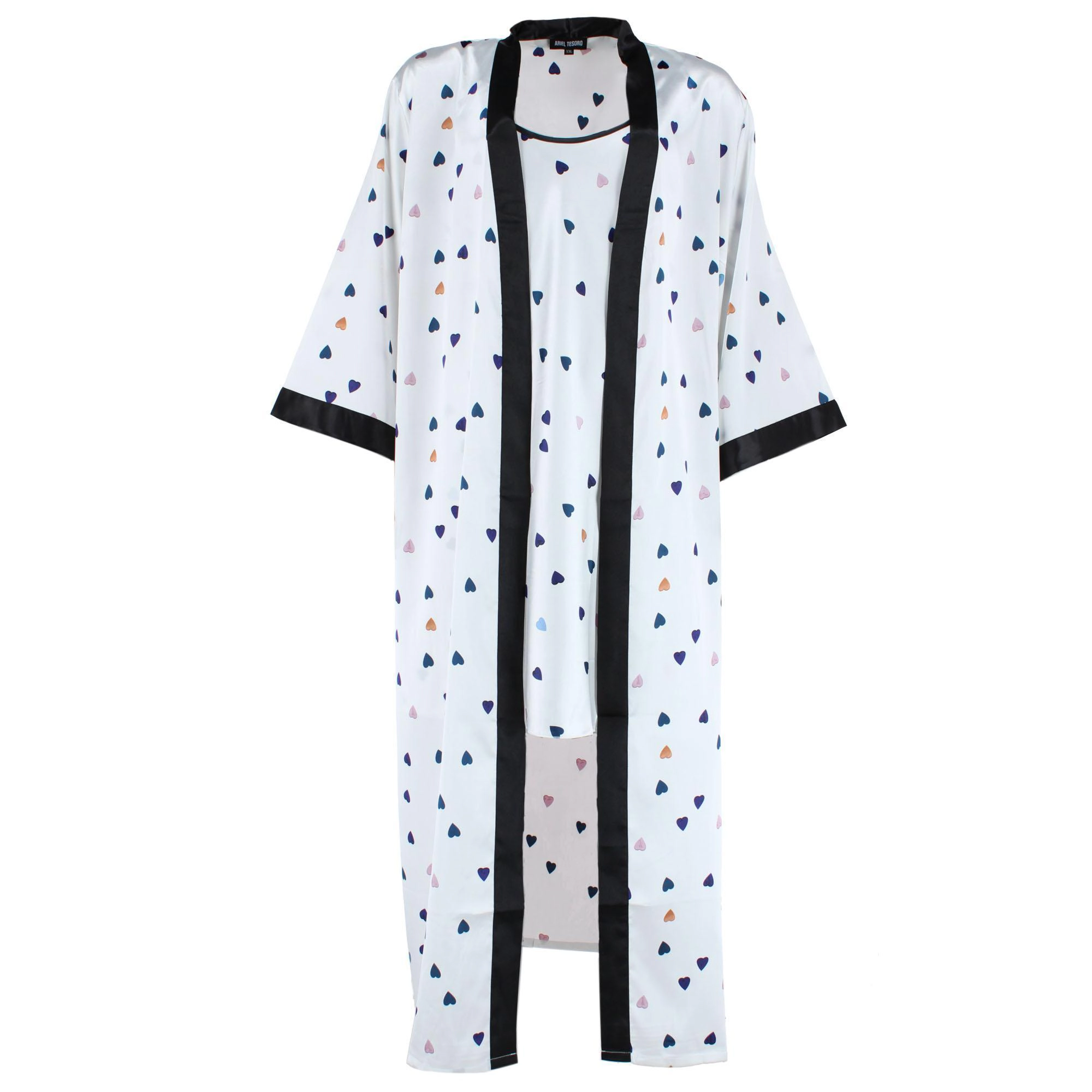 CTM Women's Plus Heart Satin Slip and Robe Pajama Set