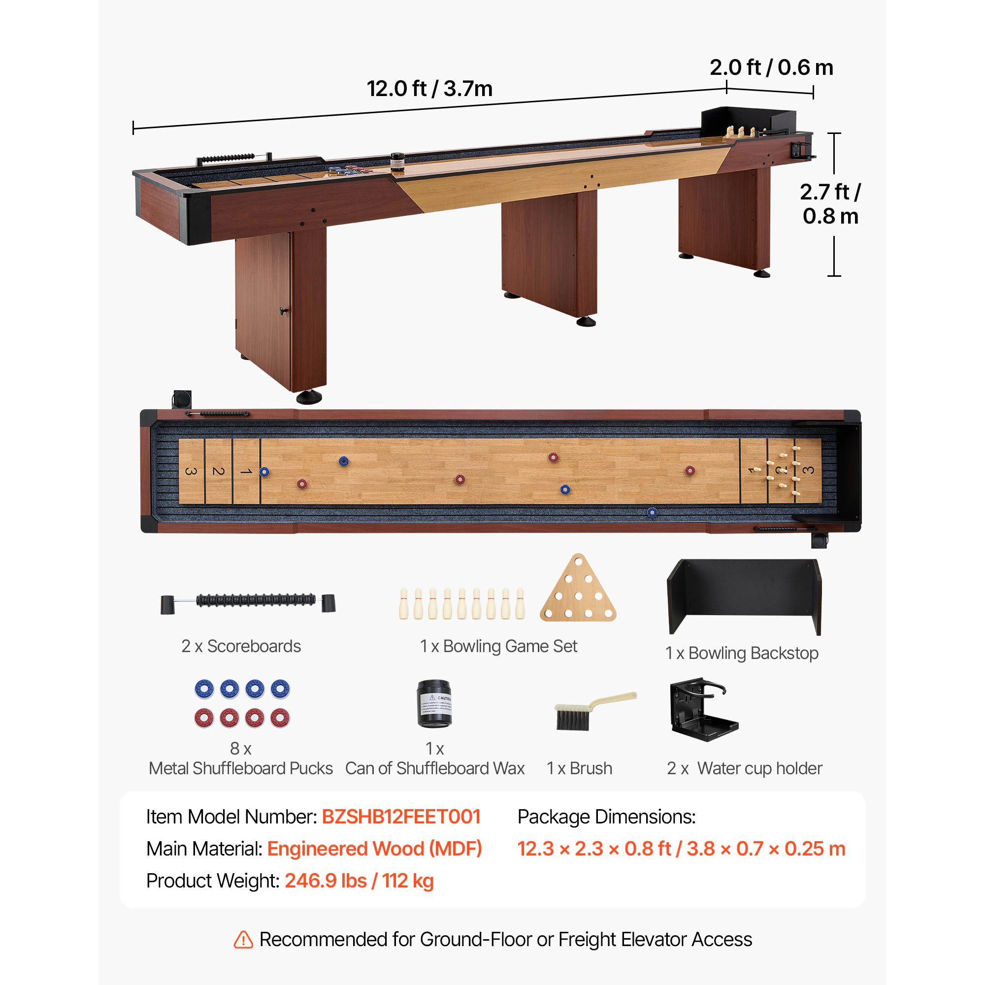 HONGGE Shuffleboard Table Shuffleboard Shuffle Board with Scratch-Resistant Playfield 8 Pucks Wax Brush for Family Game