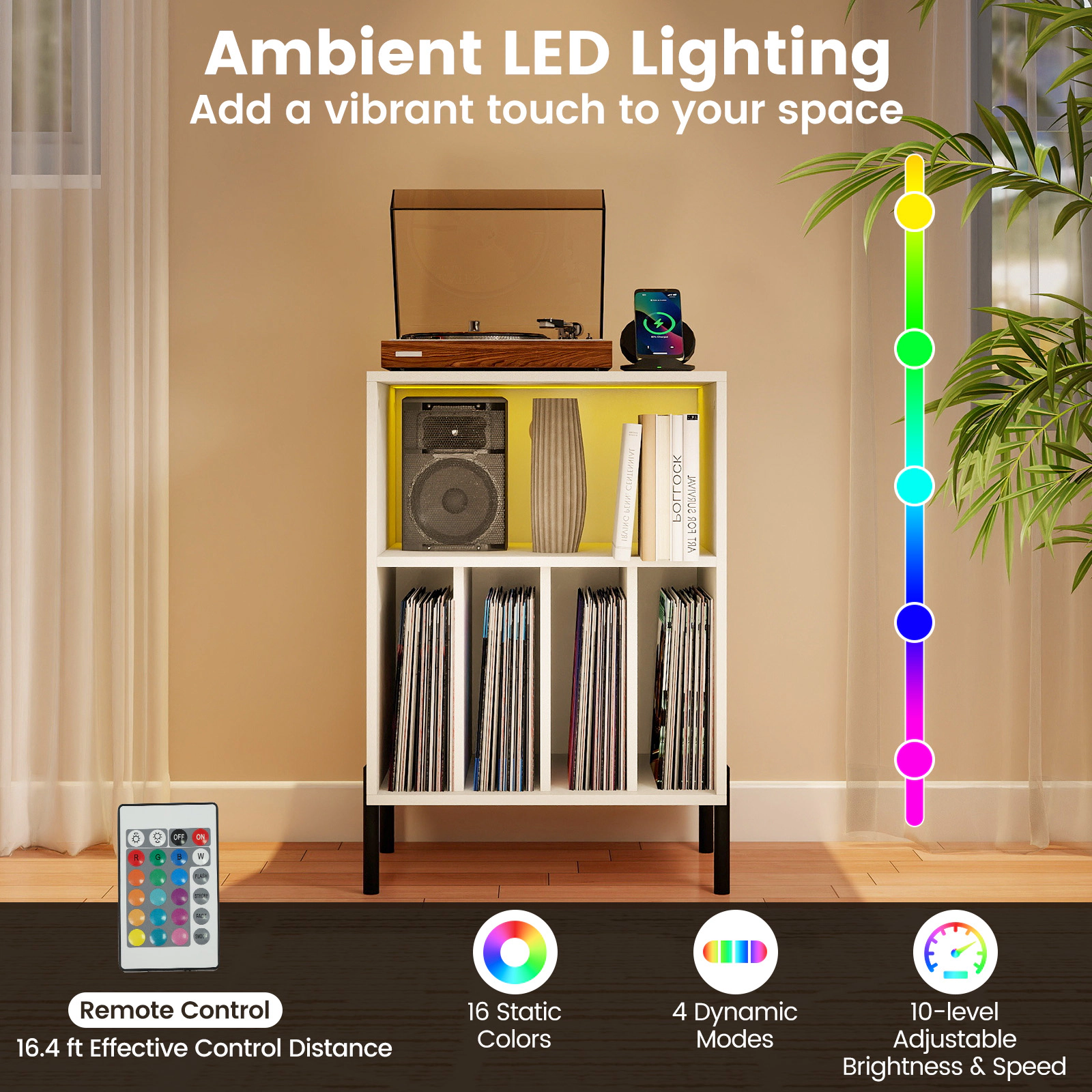 Glintex Record Player Stand with Ambient LED Lighting Remote and Charging Station, White