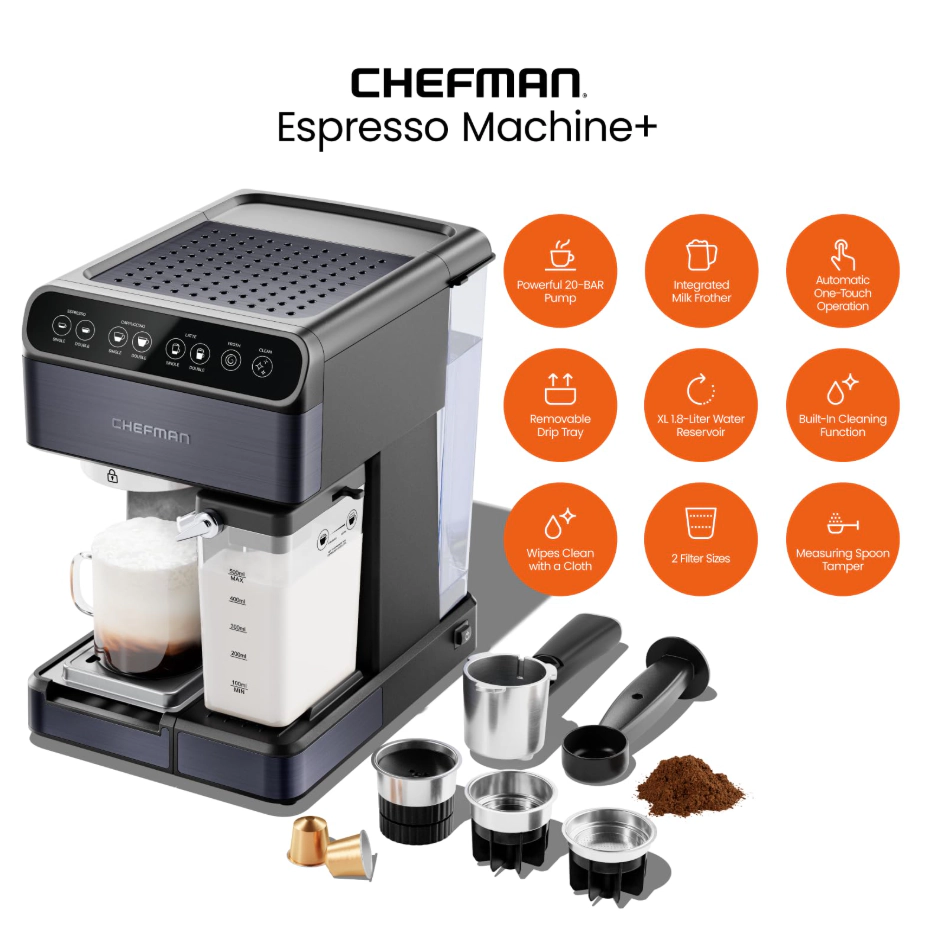 Chefman 20-Bar, 2-Cup Black Stainless Espresso Machine