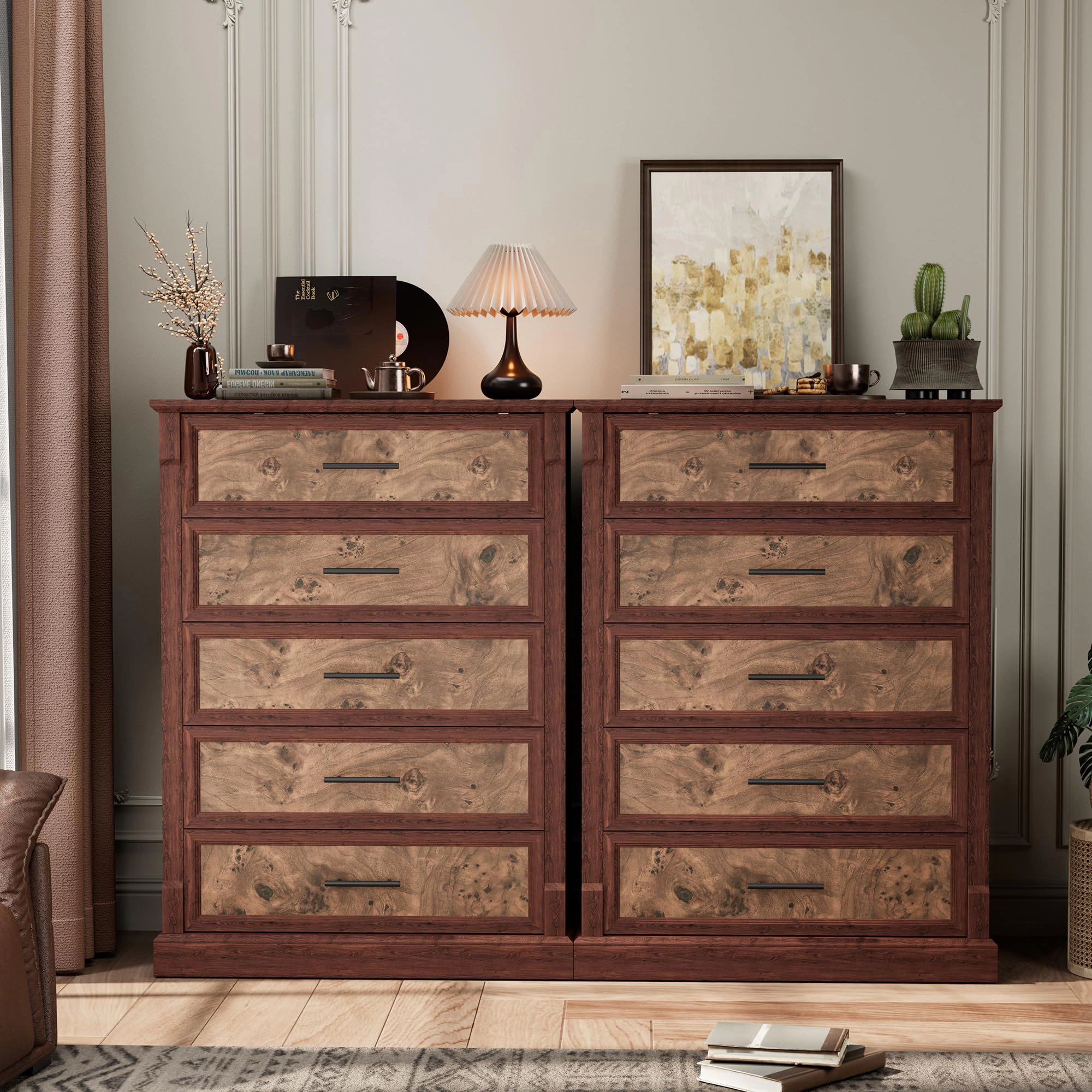Farmhouse 5 Drawer Tall Dresser with Metal Handles, Rustic Wooden Chest for Bedroom Living Room Hallway