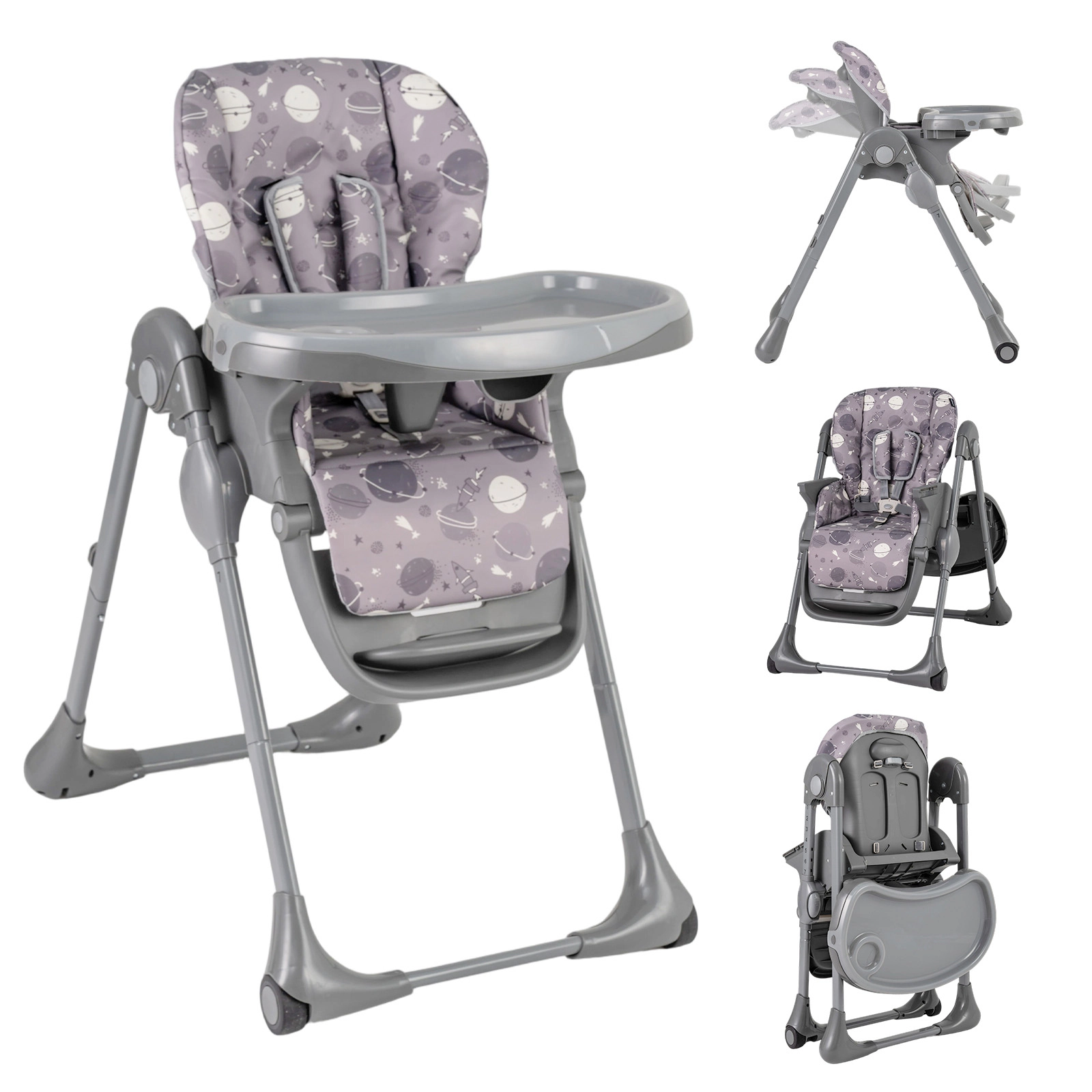 SlickBlue Gray Foldable Baby High Chair with Reclining Backrest and Removable Trays
