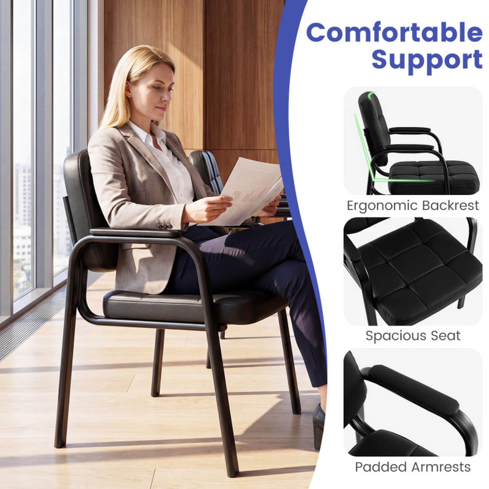 SUGIFT Set of 2 Black 330-lb Capacity PVC Leather Padded Armchairs with Sled Base and Cushioned Seat