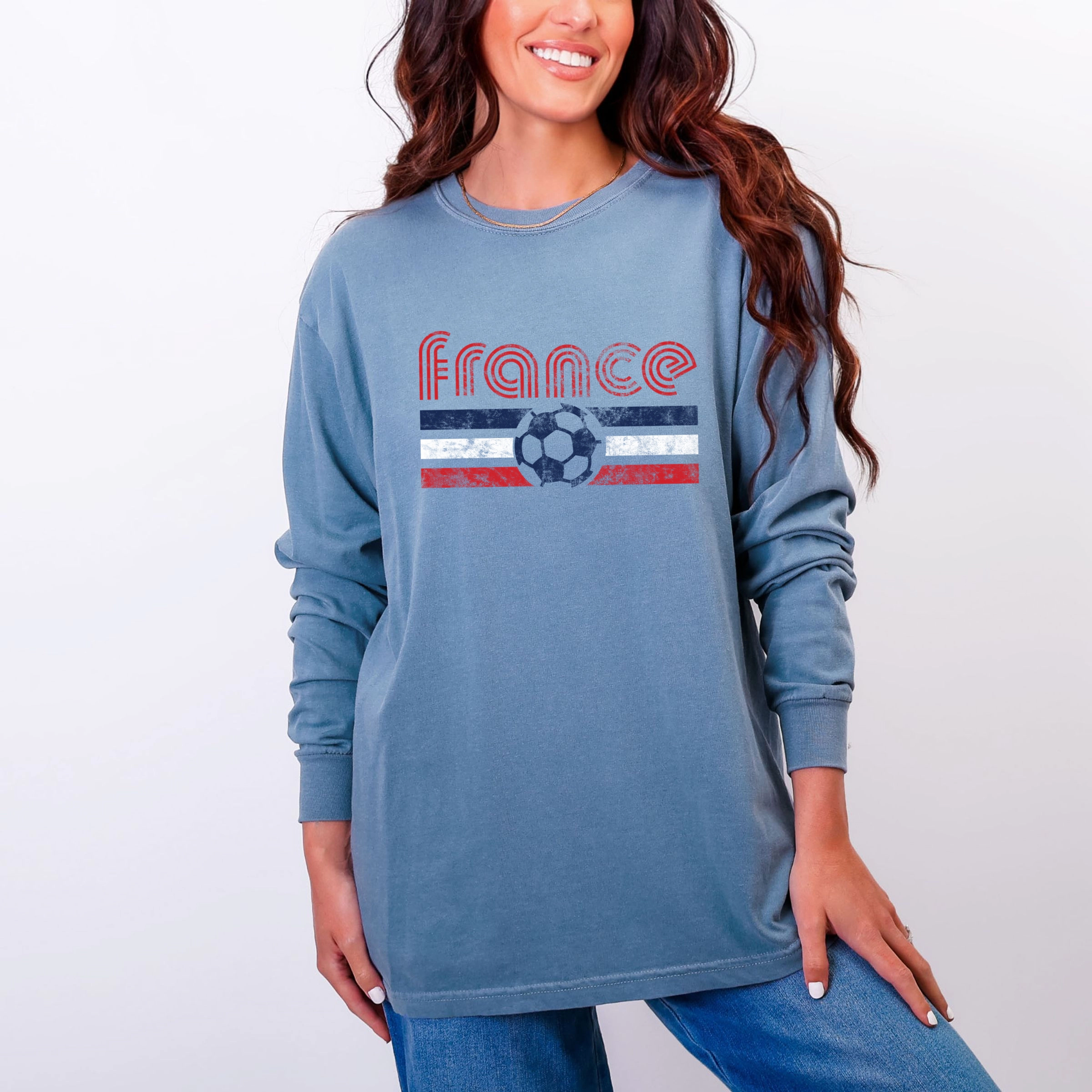 Simply Sage Market - France Soccer Flag Women's Garment Dyed Long Sleeve Graphic T-Shirt