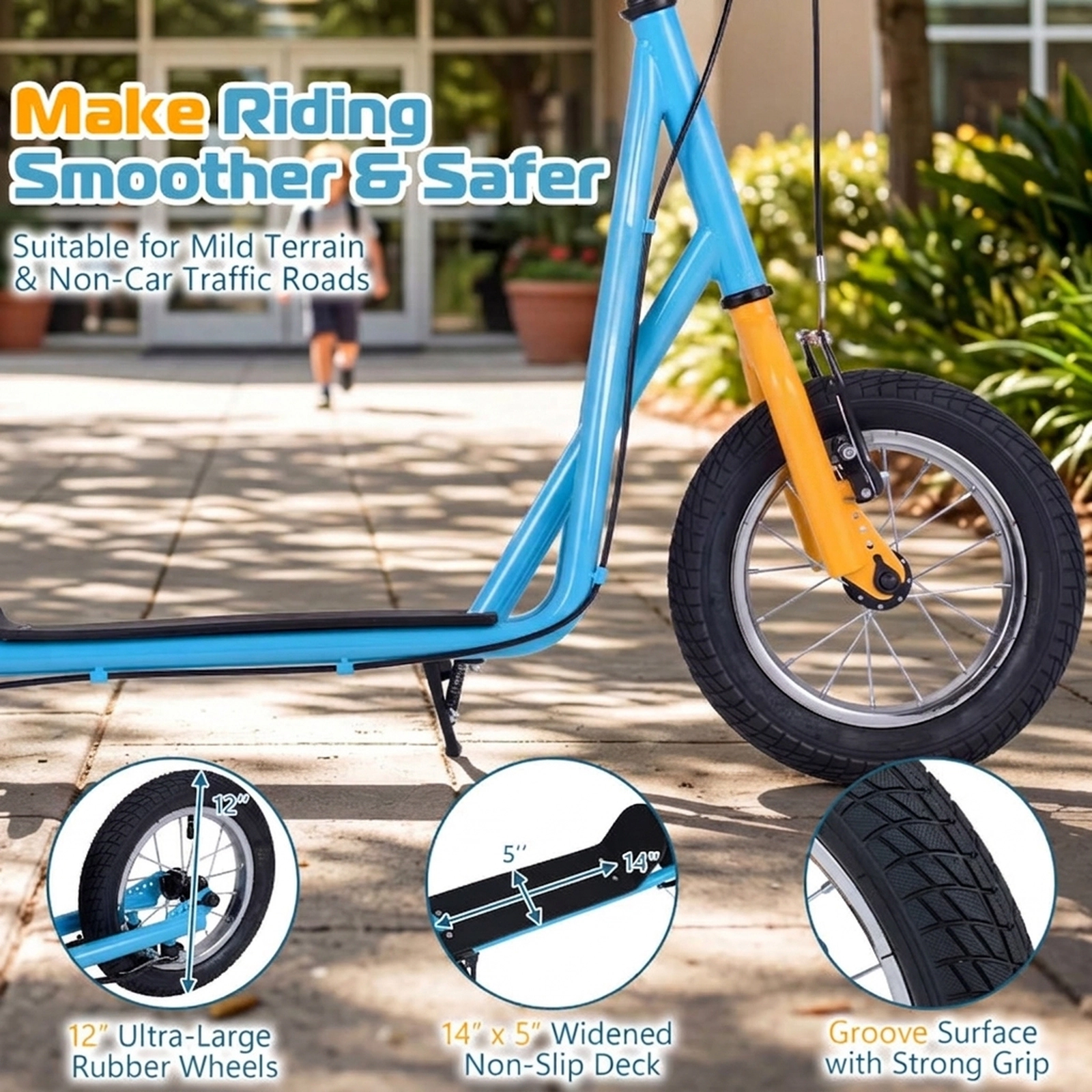 SUGIFT Height Adjustable Kid Kick Scooter with 12-in Air Filled Wheels 165-lb Capacity Ages 8+ Carbon Steel Frame Blue