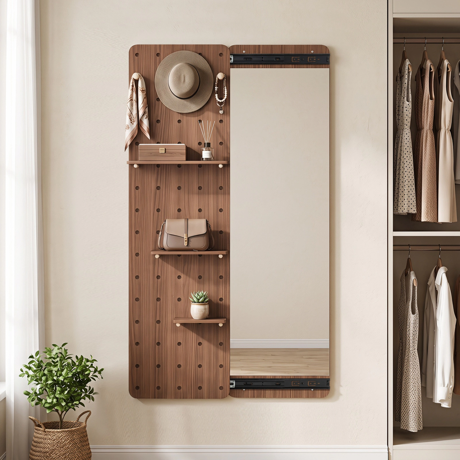 SUGIFT Full Length Mirror with Sliding Pegboard Shelves and Hooks Wall Mounted Entryway Storage Brown/Natural
