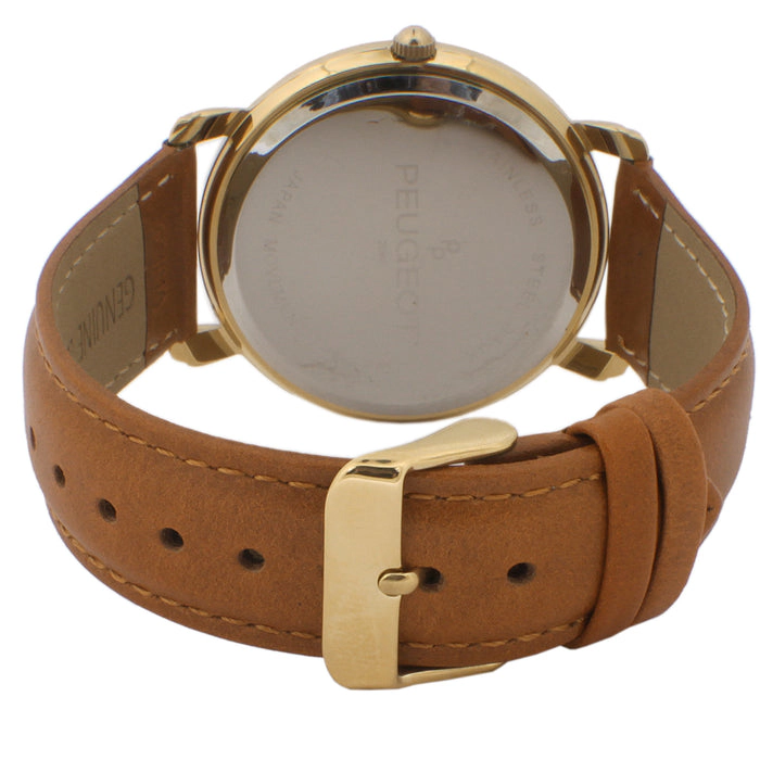 Peugeot Men 38mm Gold Retro Design Calf Skin Leather Strap watch