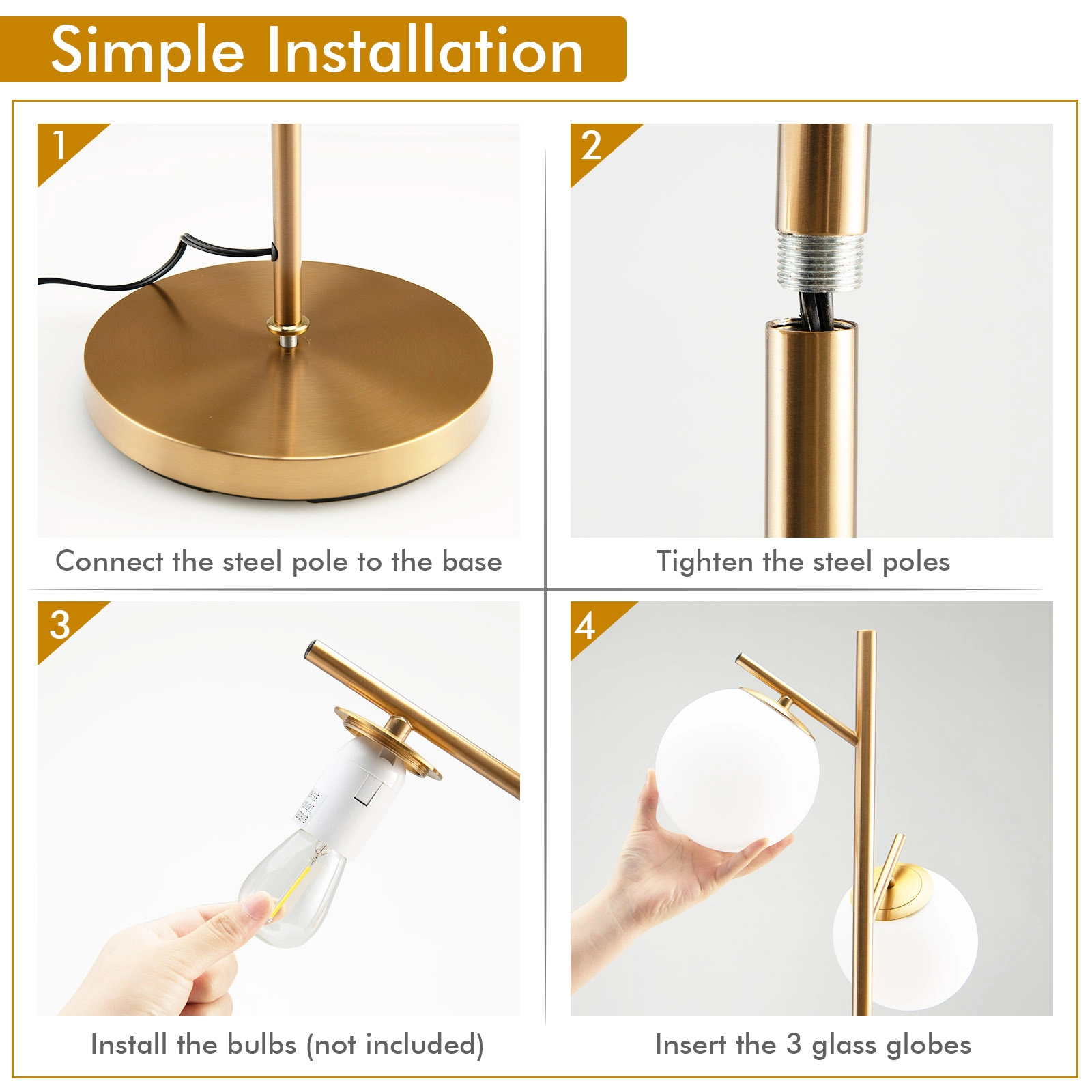 Slickblue Triple Glass Shade Floor Lamp 66in Gold Metal Frame Living Room Bedroom Lighting