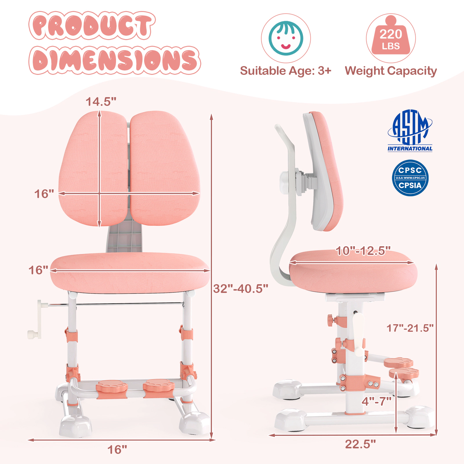 SUGIFT Pink Kids Study Chair, Double Backrest, Adjustable Footrest, Stepless Seat Height, 220-lb Capacity