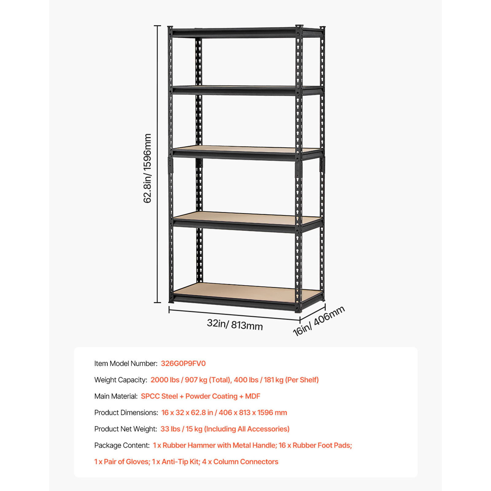 Flynama Storage Shelves 16Inches D x 32Inches W x 62 4/5Inches H 5-tier Garage Storage Shelving