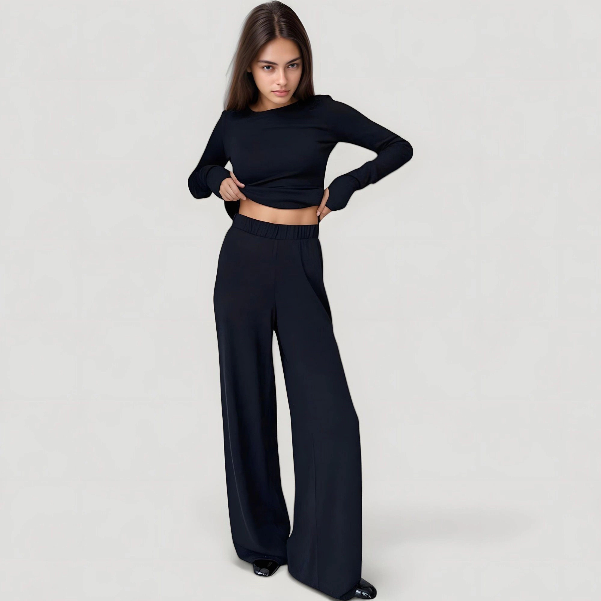 Anna-Kaci Women's Long Sleeve Woven Pajama Set with Fitted Crew Neck Top and Wide Leg Pants