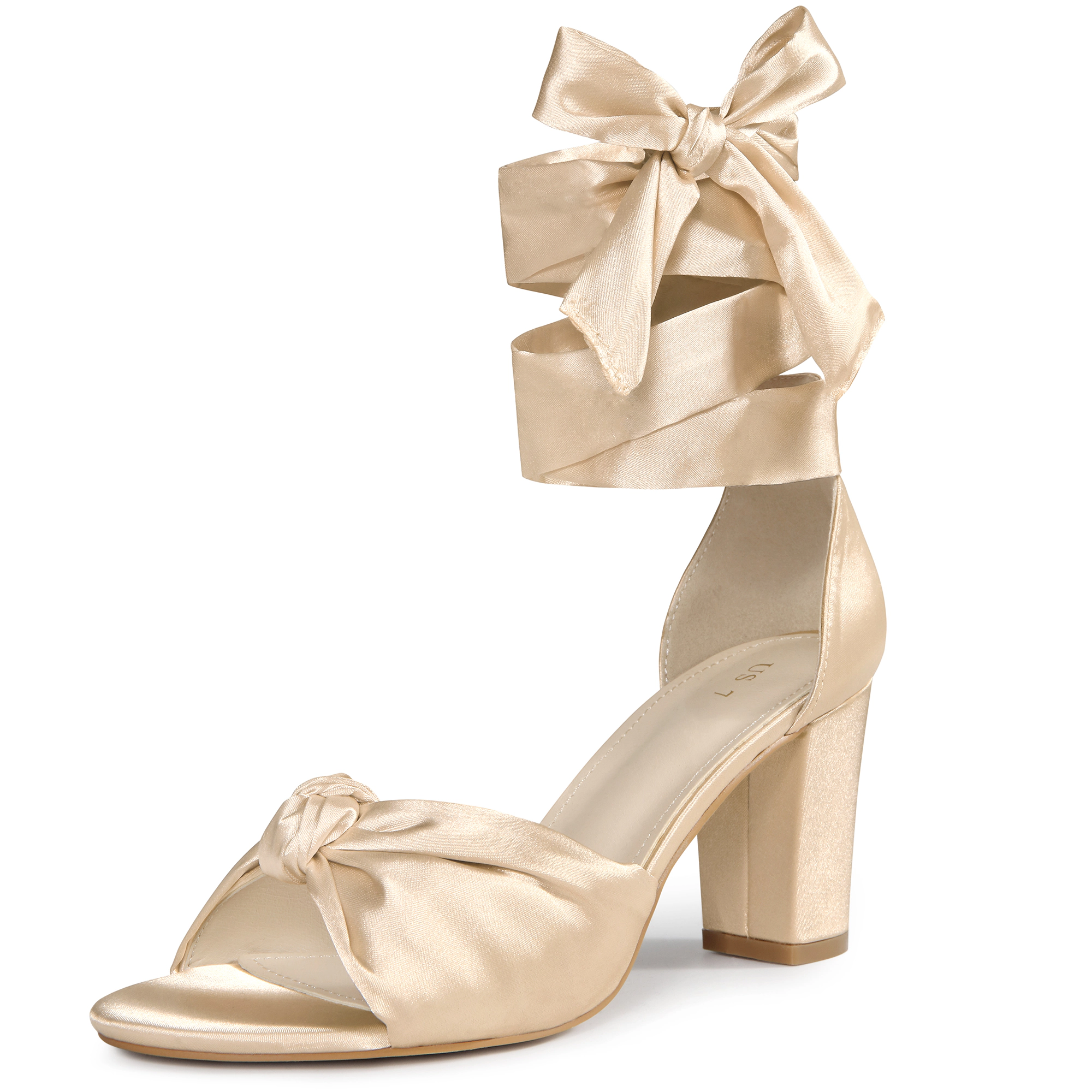 BLISSFUL STEP Women's Satin Open Toe Lace Up Chunky Heel Block Heels Sandals