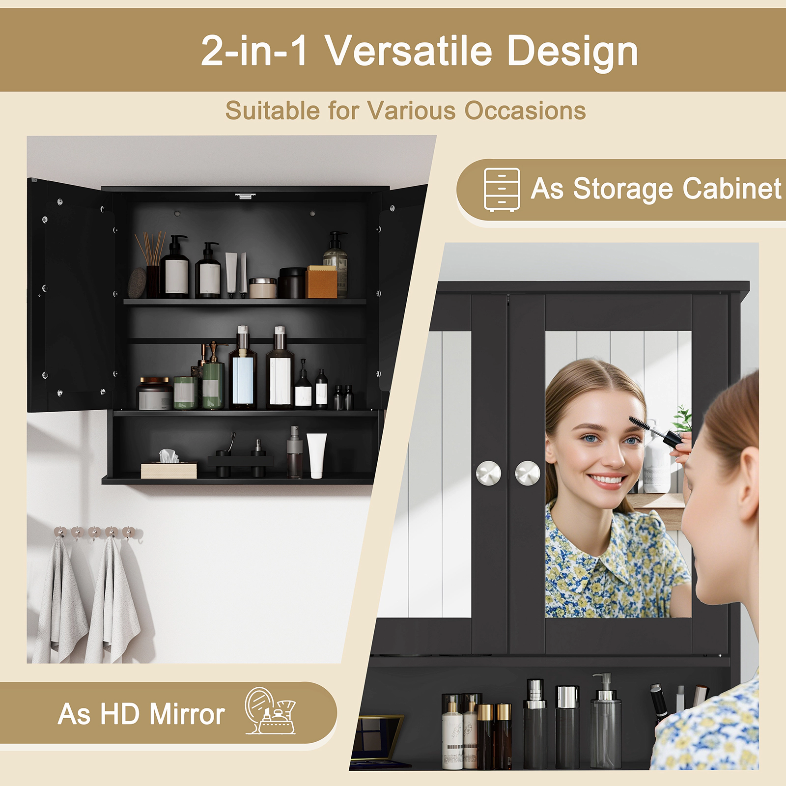 SUGIFT Black 44-lb Capacity Double Door Wall Mounted Bathroom Mirror Cabinet with Open Storage Shelf