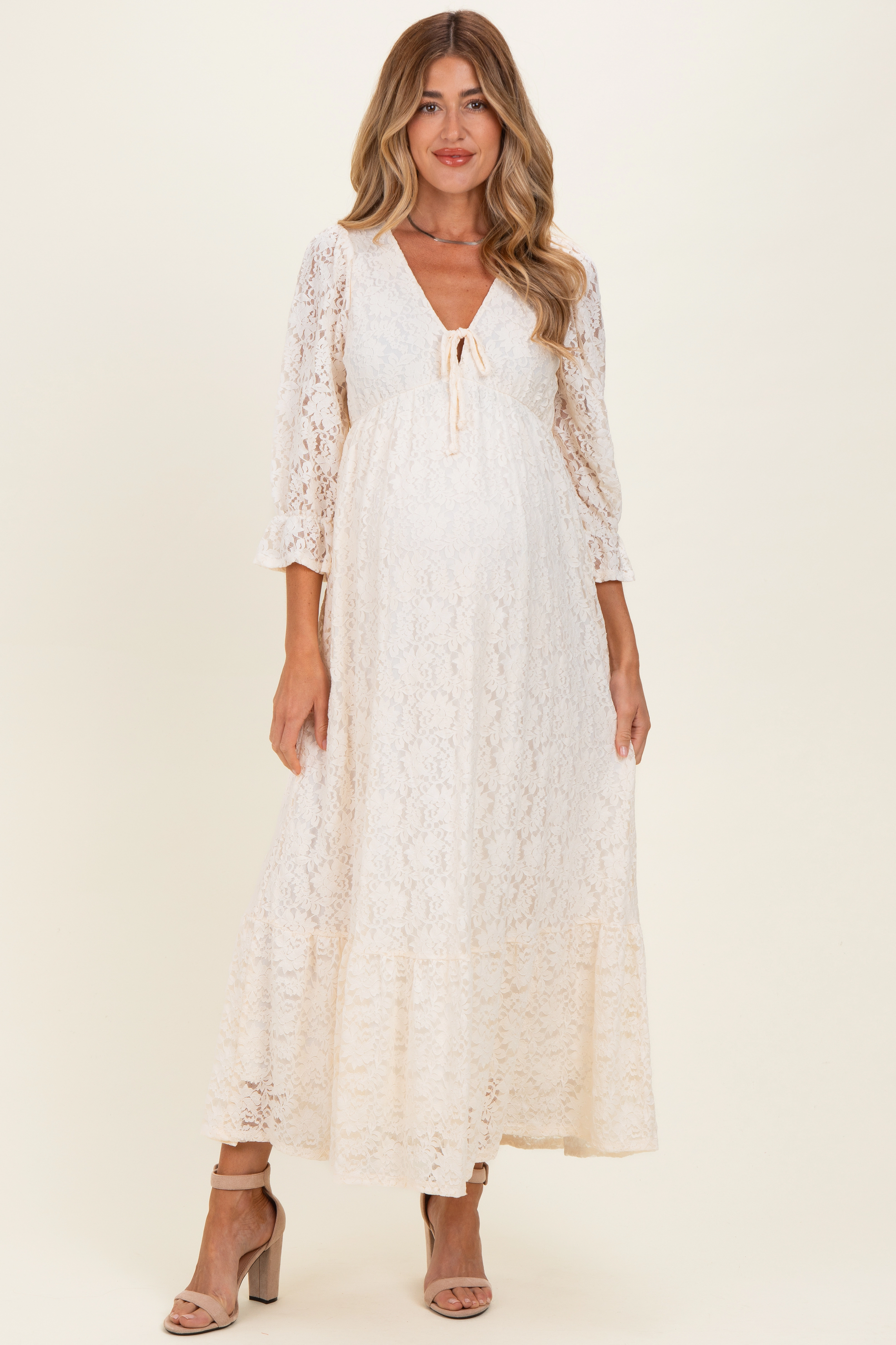 PinkBlush Womens Ivory Floral Lace 3/4 Ruffle Sleeve V-Neck Maternity Maxi Dress