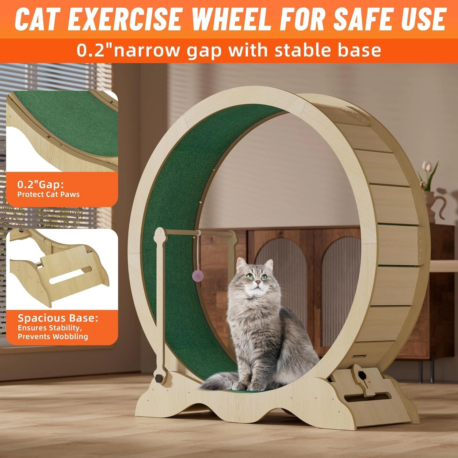 100cm Inner-Diameter Density-Board Cat Exercise Wheel, Indoor Cat Running Treadmill, Natural Wood Tone