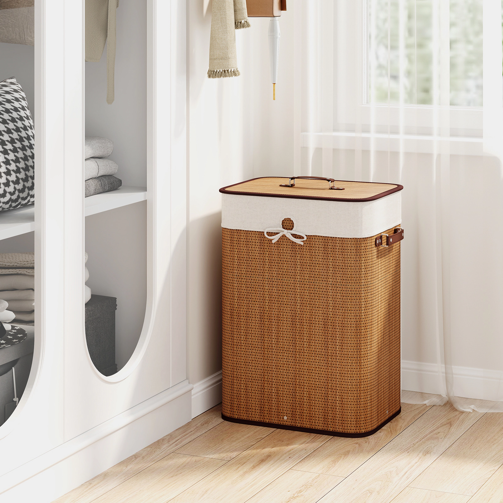 SUGIFT Natural 19-gal Rectangle Bamboo Laundry Basket Clothes Hamper with Lid PU Handles and Liner