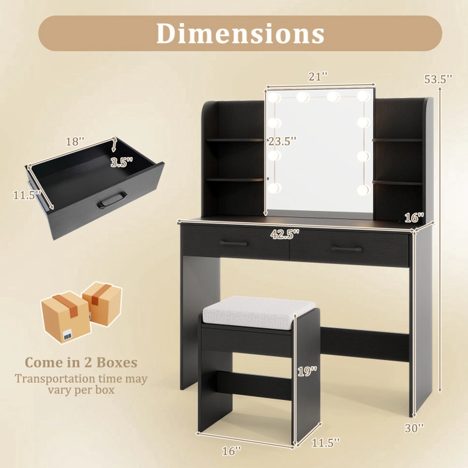 SUGIFT Vanity Set with Lighted Mirror Power Outlet and Stool 154-lb Tabletop Capacity 2-Drawer 4-Shelf Storage Black