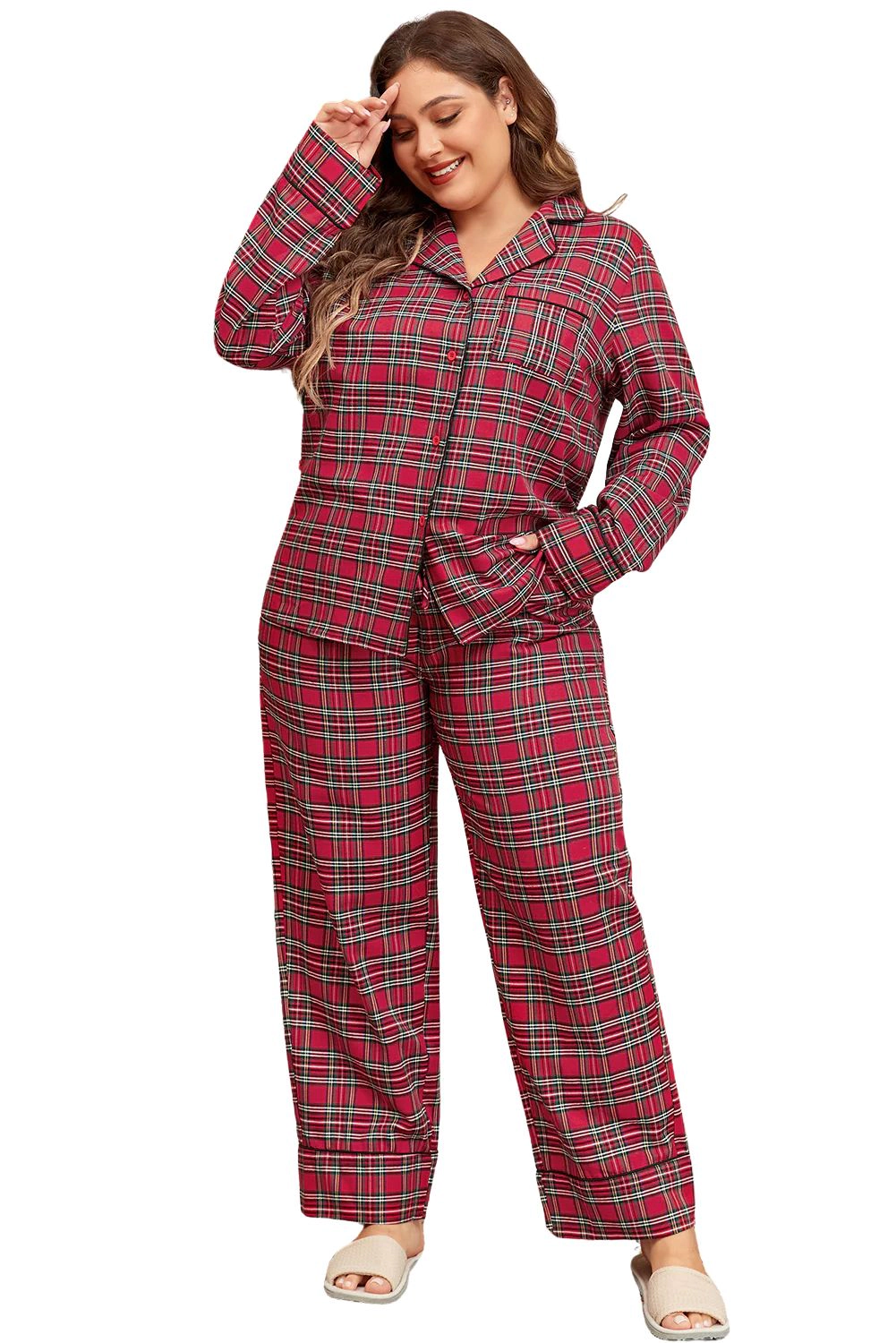 Sol Living Womens Plaid Printed Shirt and Pants Plus Size Lounge Set