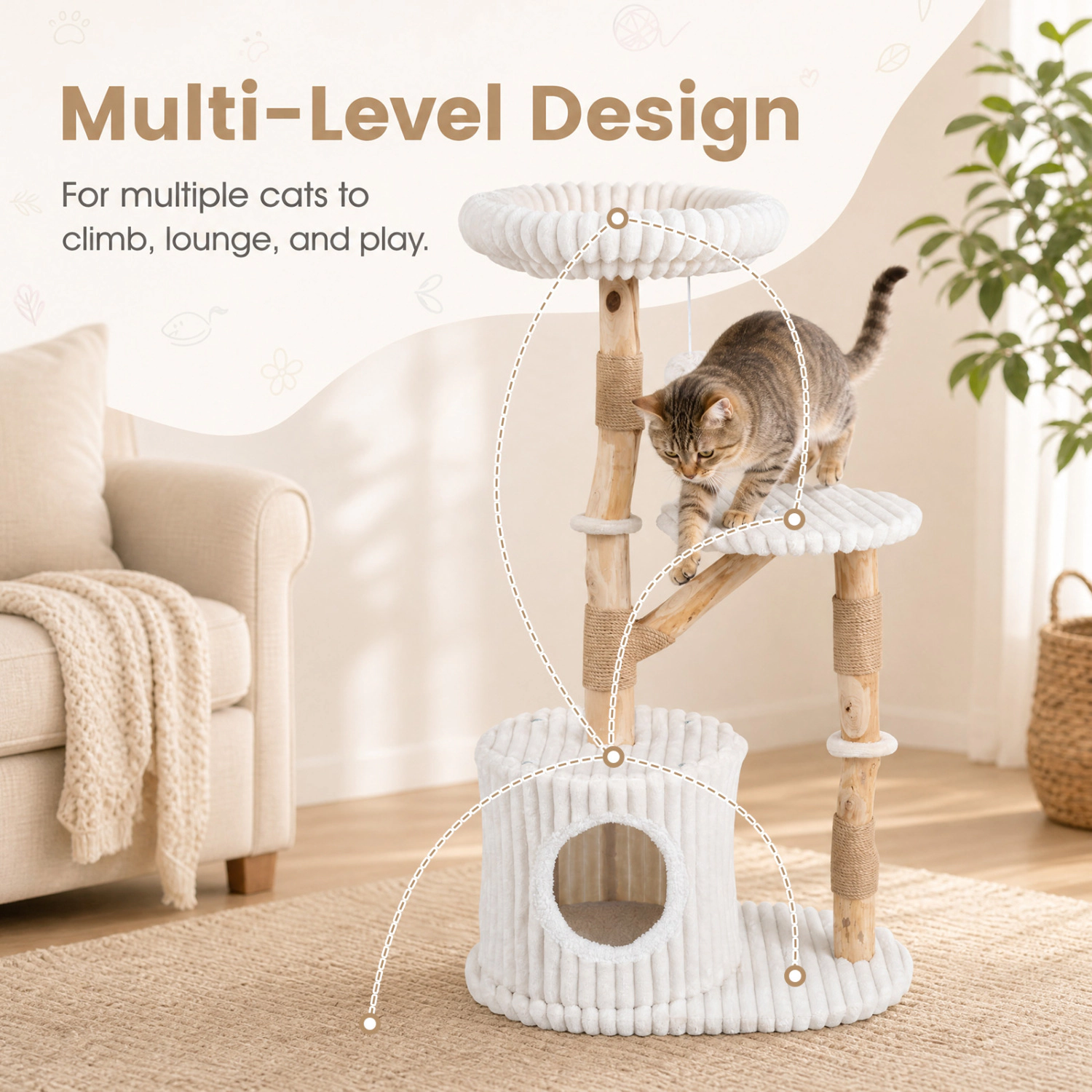 LJG Solid Wood Cat Tree 41 Inch with Real Branches & Scratching Posts and Cozy Bed