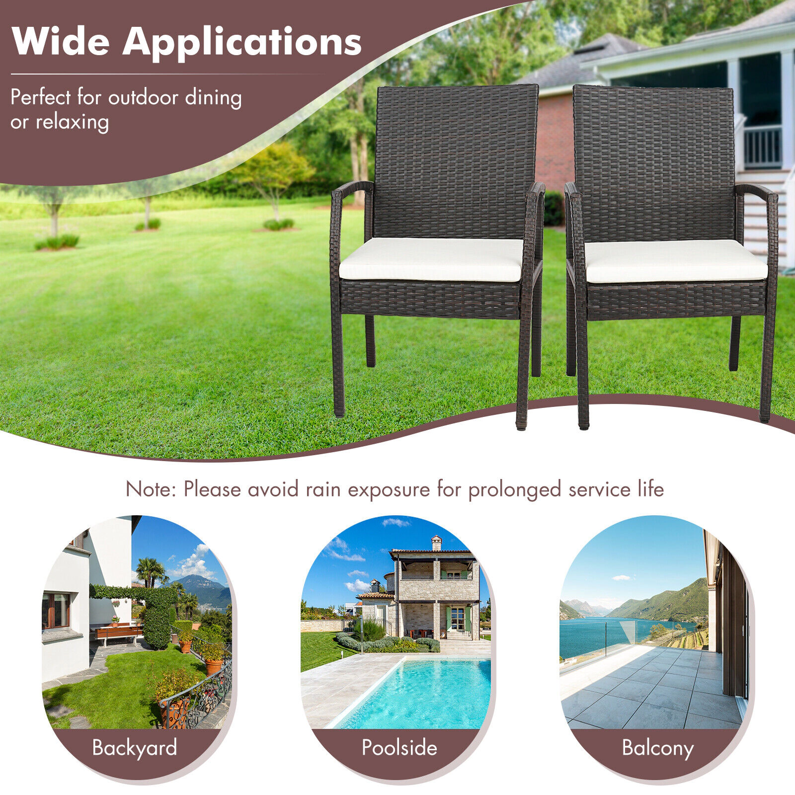 SUGIFT Set of 4 Brown Hand-Woven PE Wicker Outdoor Patio Dining Armchairs with Zippered Seat Cushions