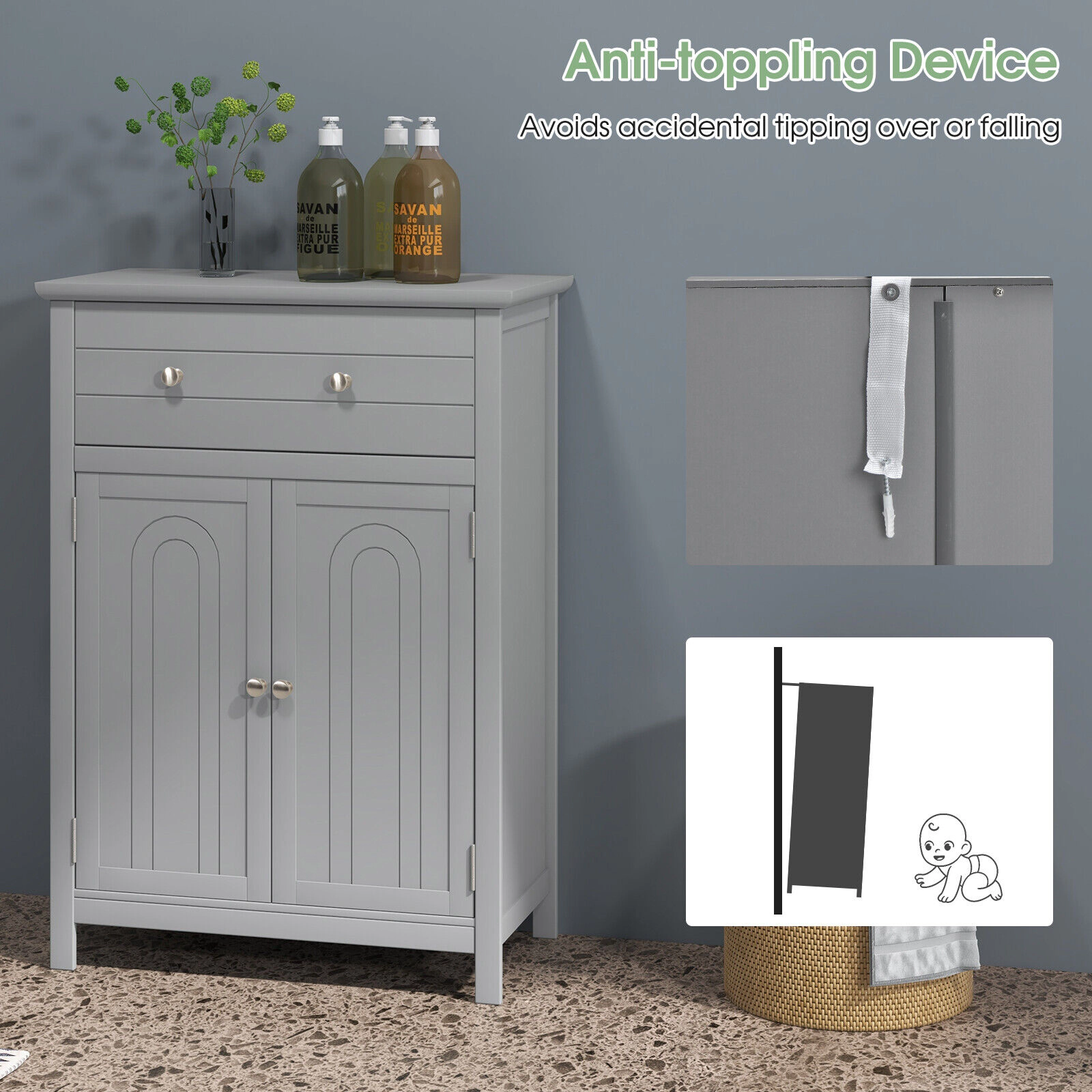 Glintex Wooden Bathroom Cabinet with 110-Lb Top Large Drawer and 2 Doors