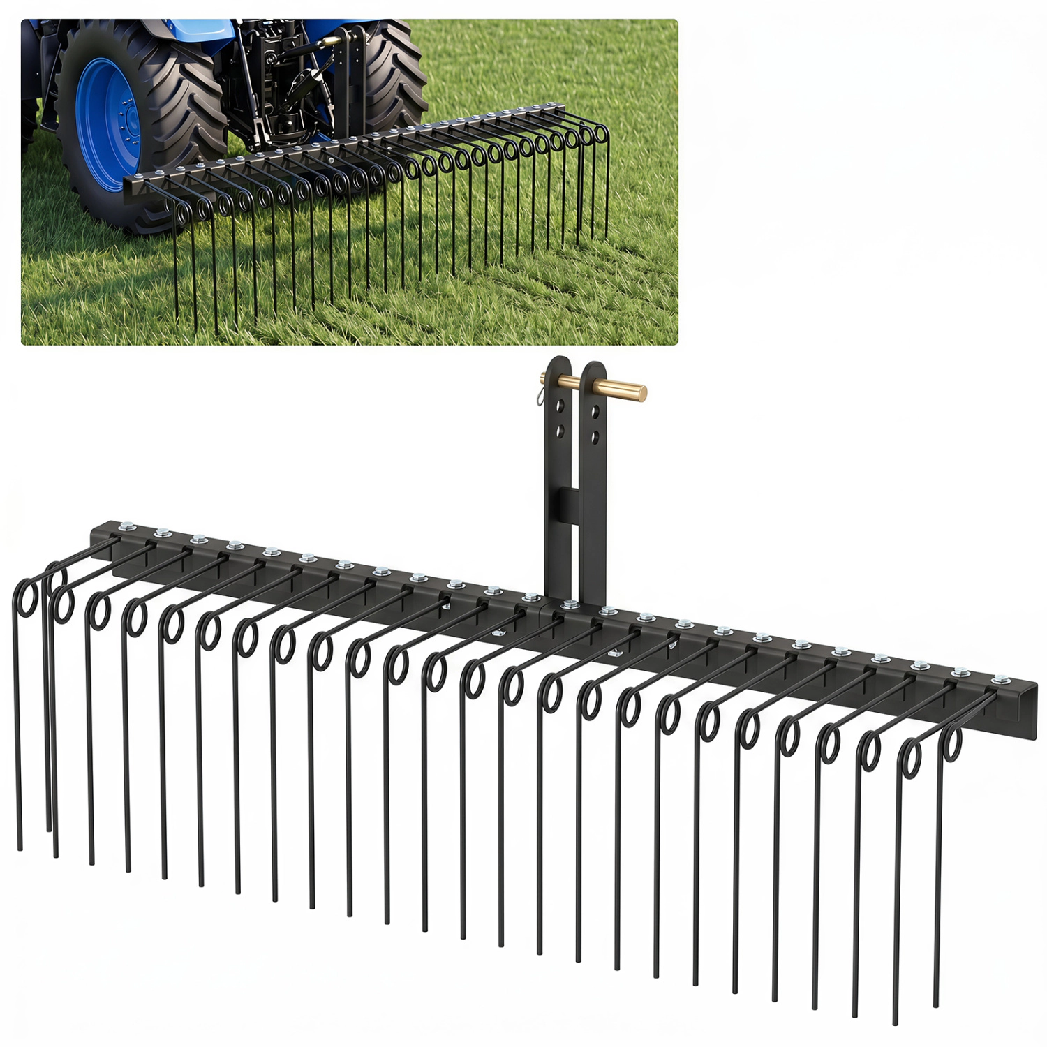 LJG 60 Inch Pine Straw Rake Tow Behind Landscape with 26 Metal Coil Tines