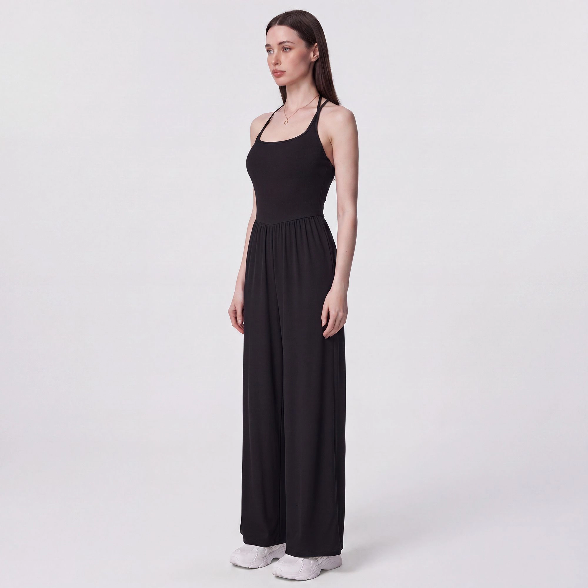 Anna-Kaci Women's Sleeveless Halter Neck Wide Leg Jumpsuit with Ribbed Bodice Gathered Waist and Flowy Pants