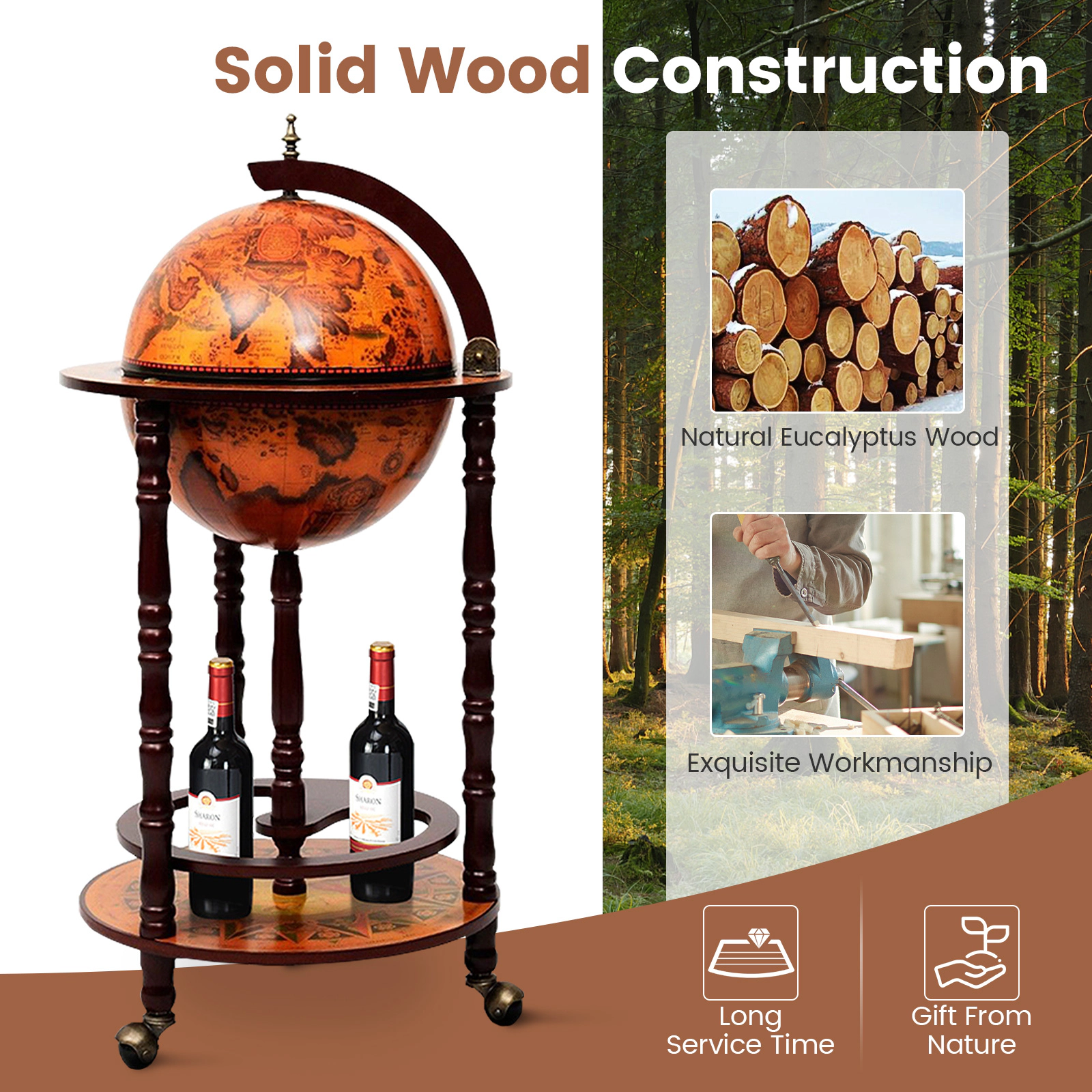 SUGIFT 16th Century Wood Plastic Globe Wine Bar Stand 36-in Tall 17-in Wide Wood Plastic Single Piece