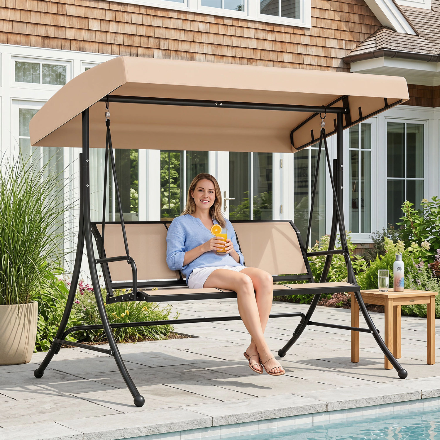 LJG 3-Seat Patio Swing Chair with Adjustable Canopy