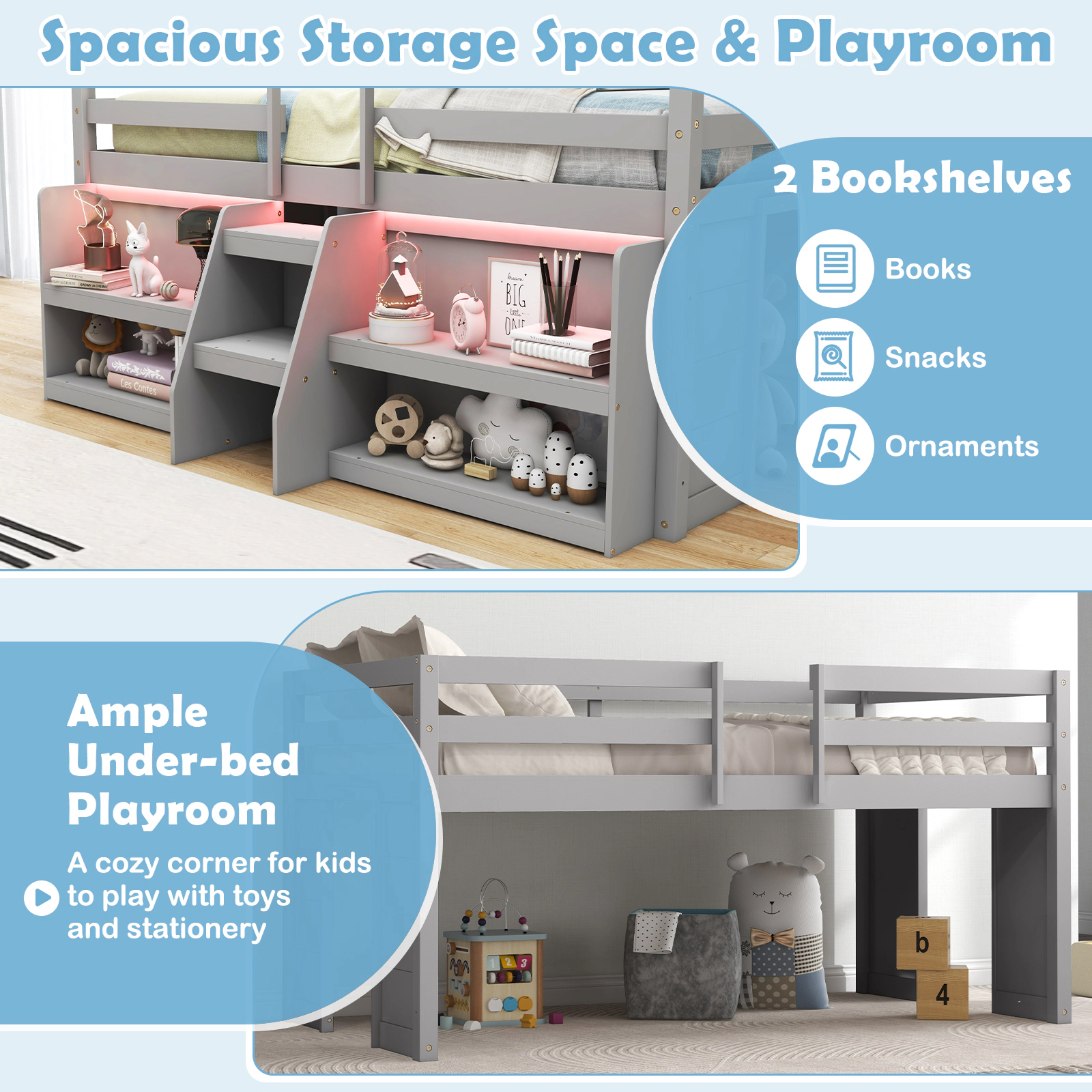 SUGIFT Twin Low Loft Bed with LED Lights, Staircase, Guardrail and Bookshelves, Gray