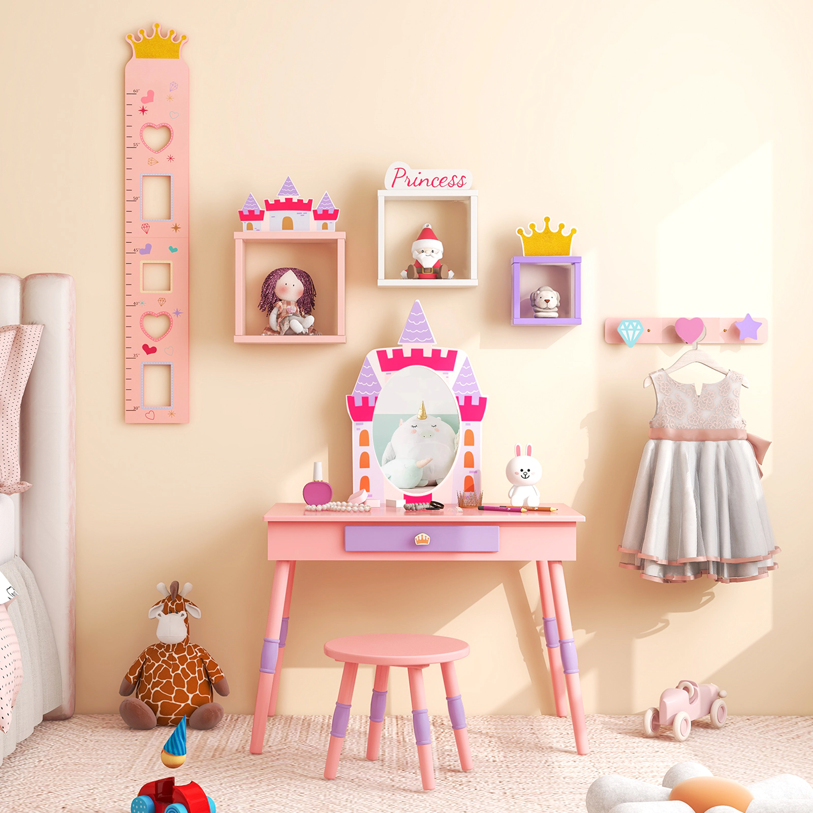 SUGIFT Kids Vanity Table and Stool Set with Mirror and Drawer in Pink