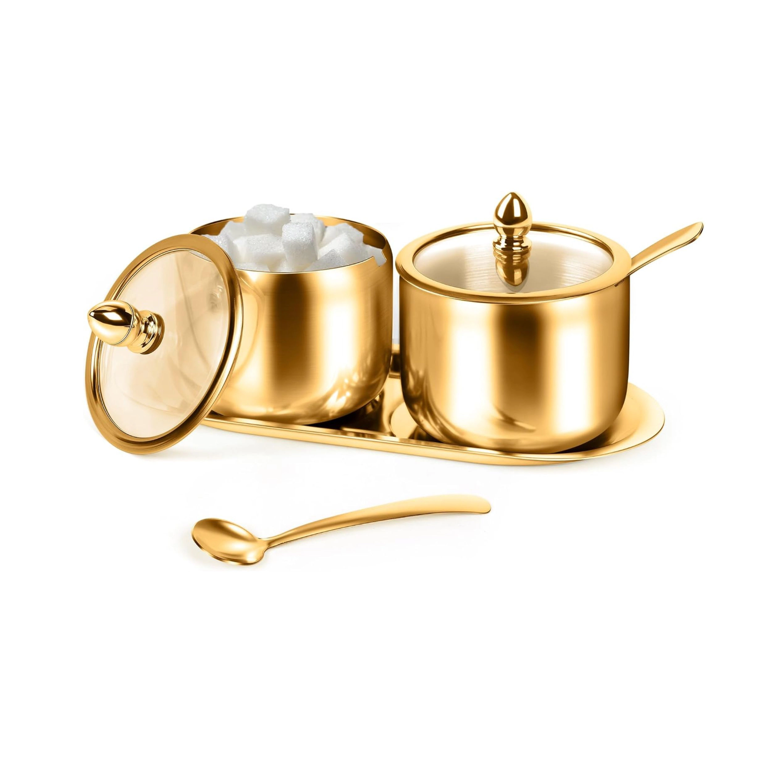 Stock Preferred Pack of 2 Coffee and Sugar Dispenser Set with Tray Glass Lids Spoons 10 oz