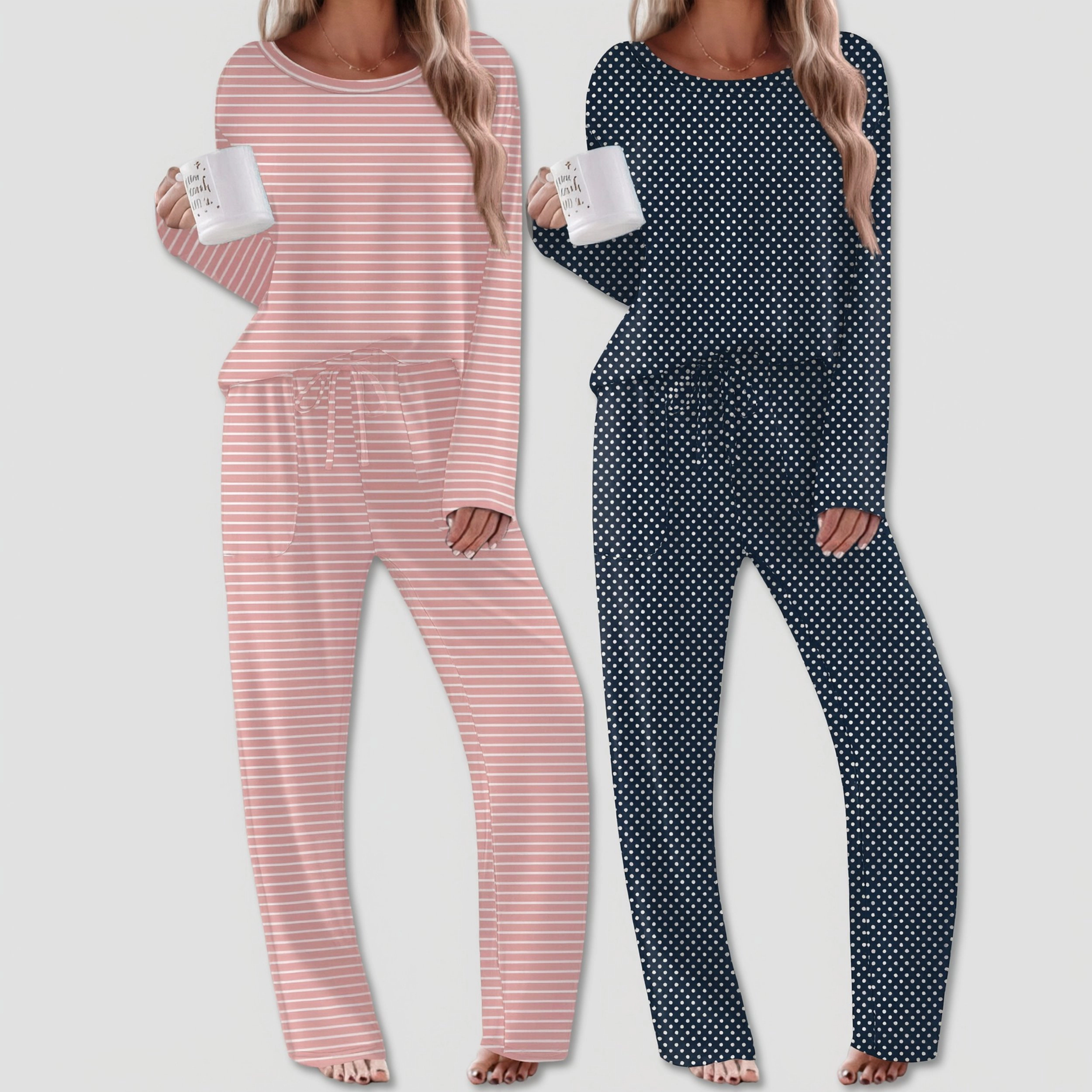 Ekouaer Women's Round Neck Long Sleeve Pajamas Set with Pockets