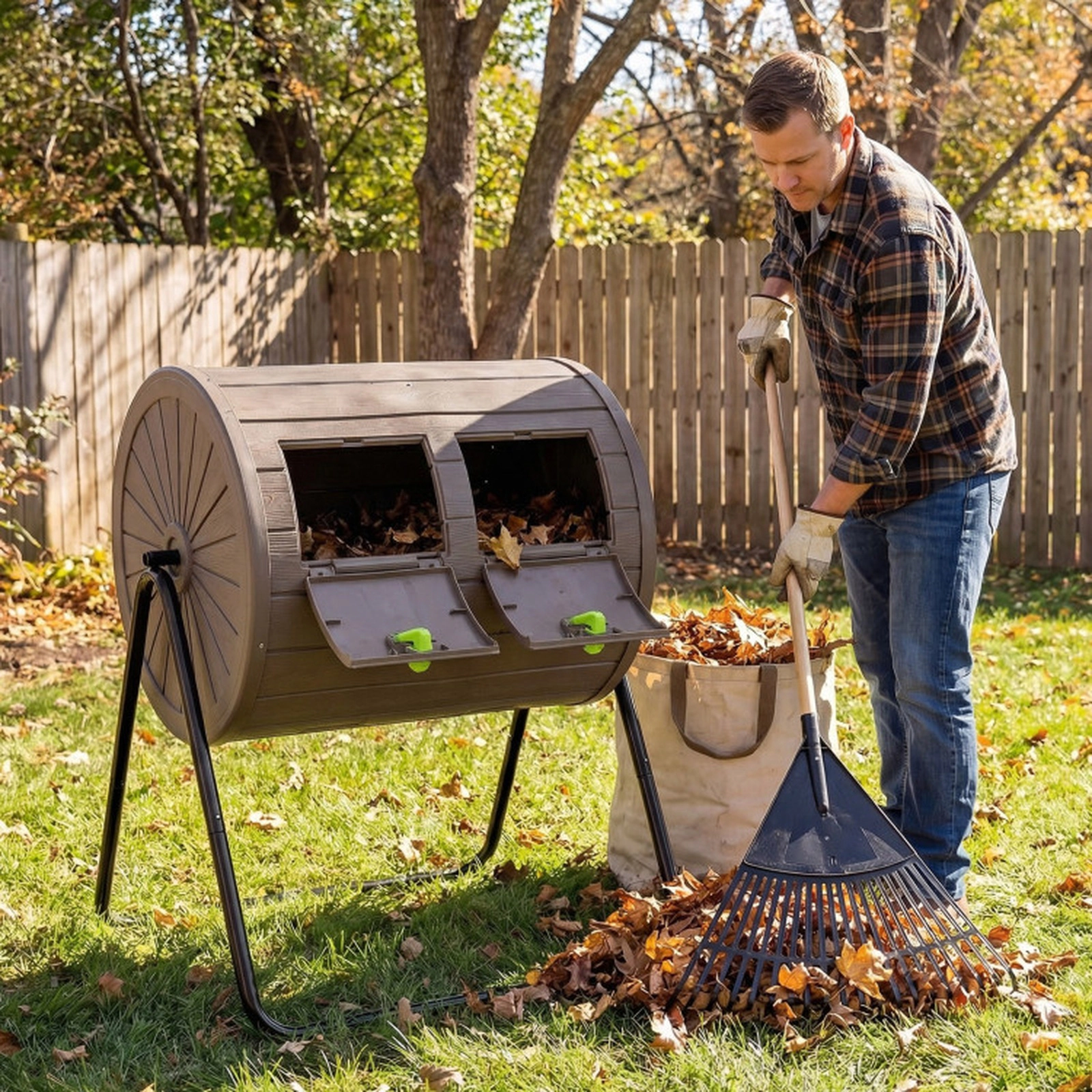 SUGIFT 37.5-gal Coffee Dual Chamber Outdoor Compost Bin Tumbler with 2 Lockable Doors and Wood Grain